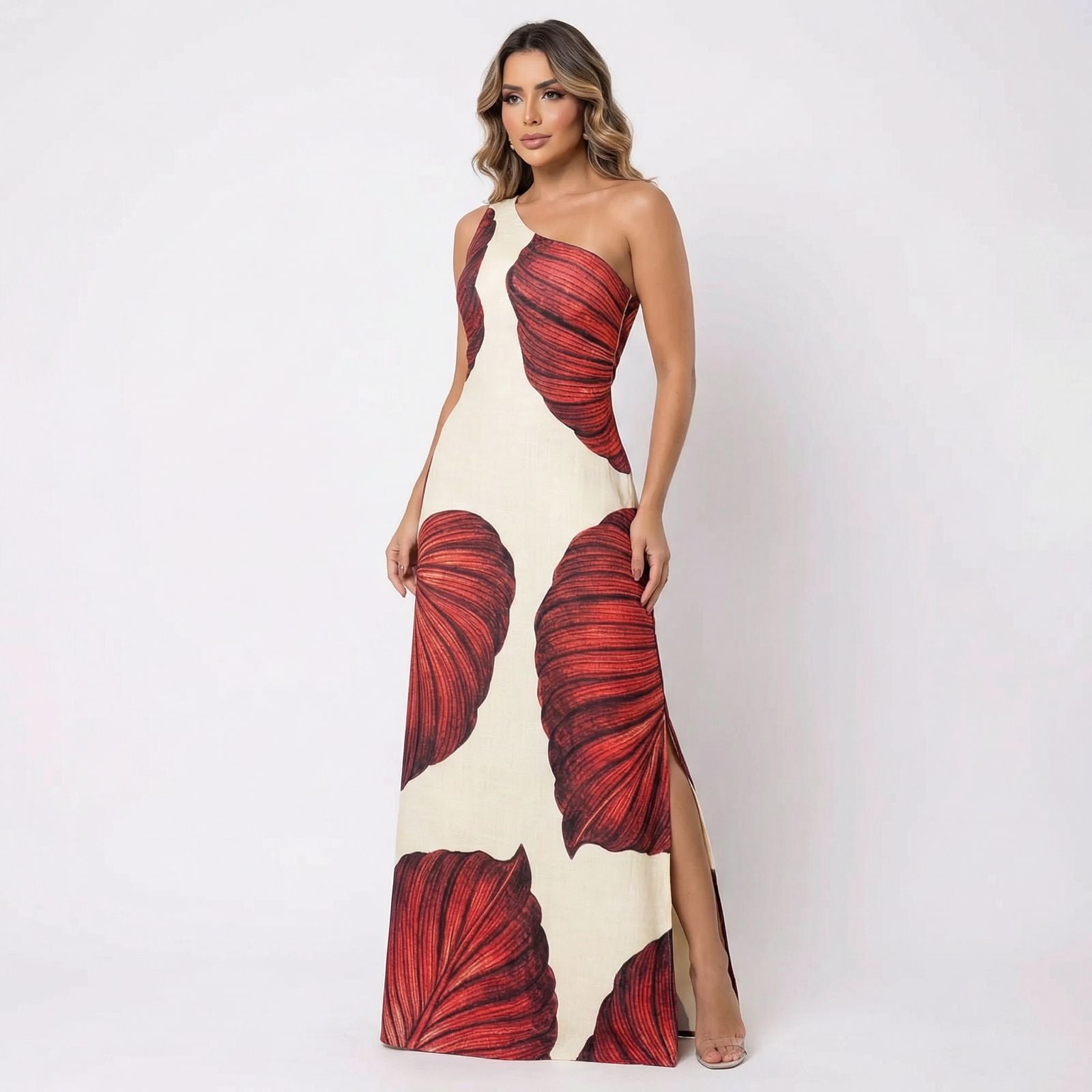 Yara™ Maxi Dress in Textured Viscose with Side Slit and Asymmetrical Neckline