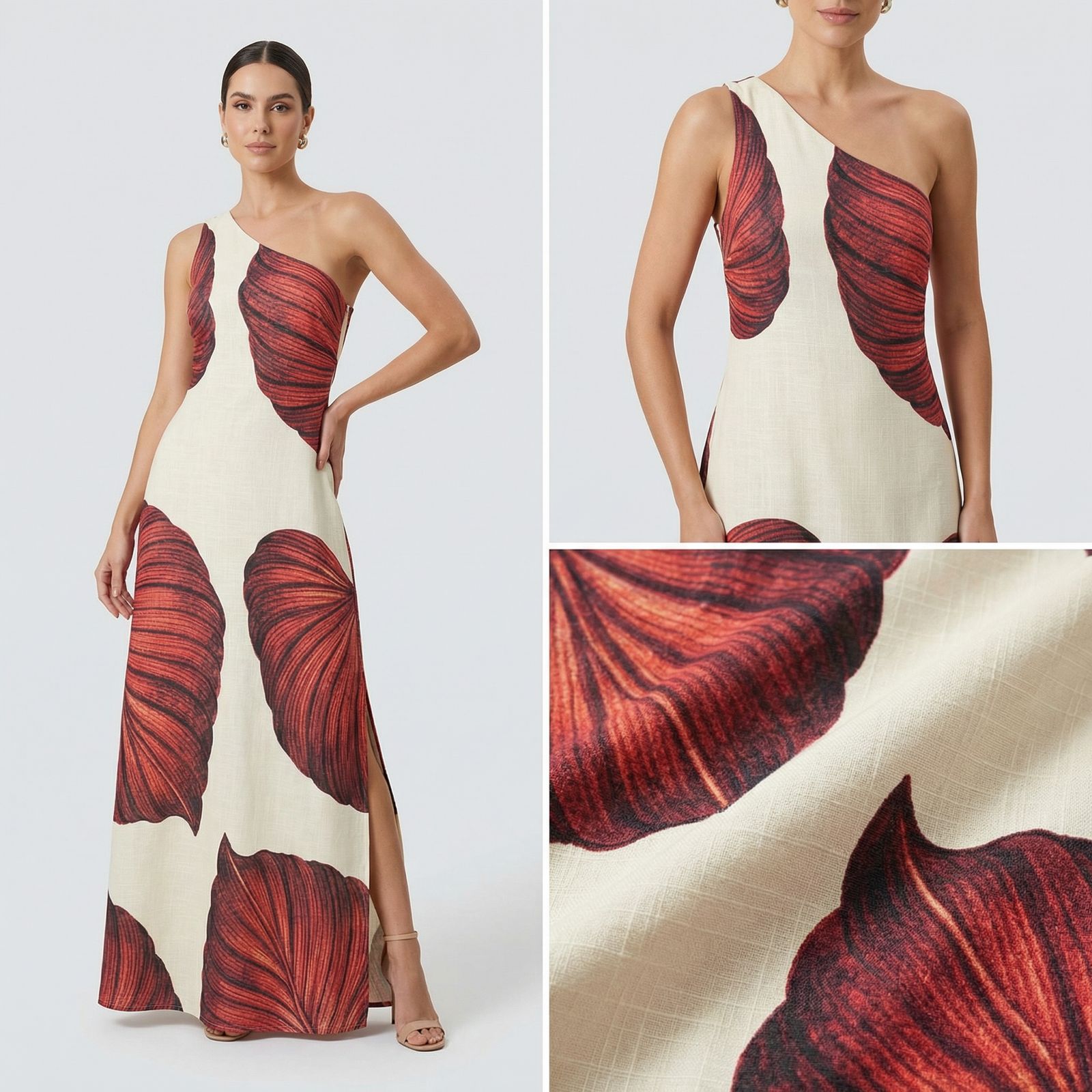 Yara™ Maxi Dress in Textured Viscose with Side Slit and Asymmetrical Neckline