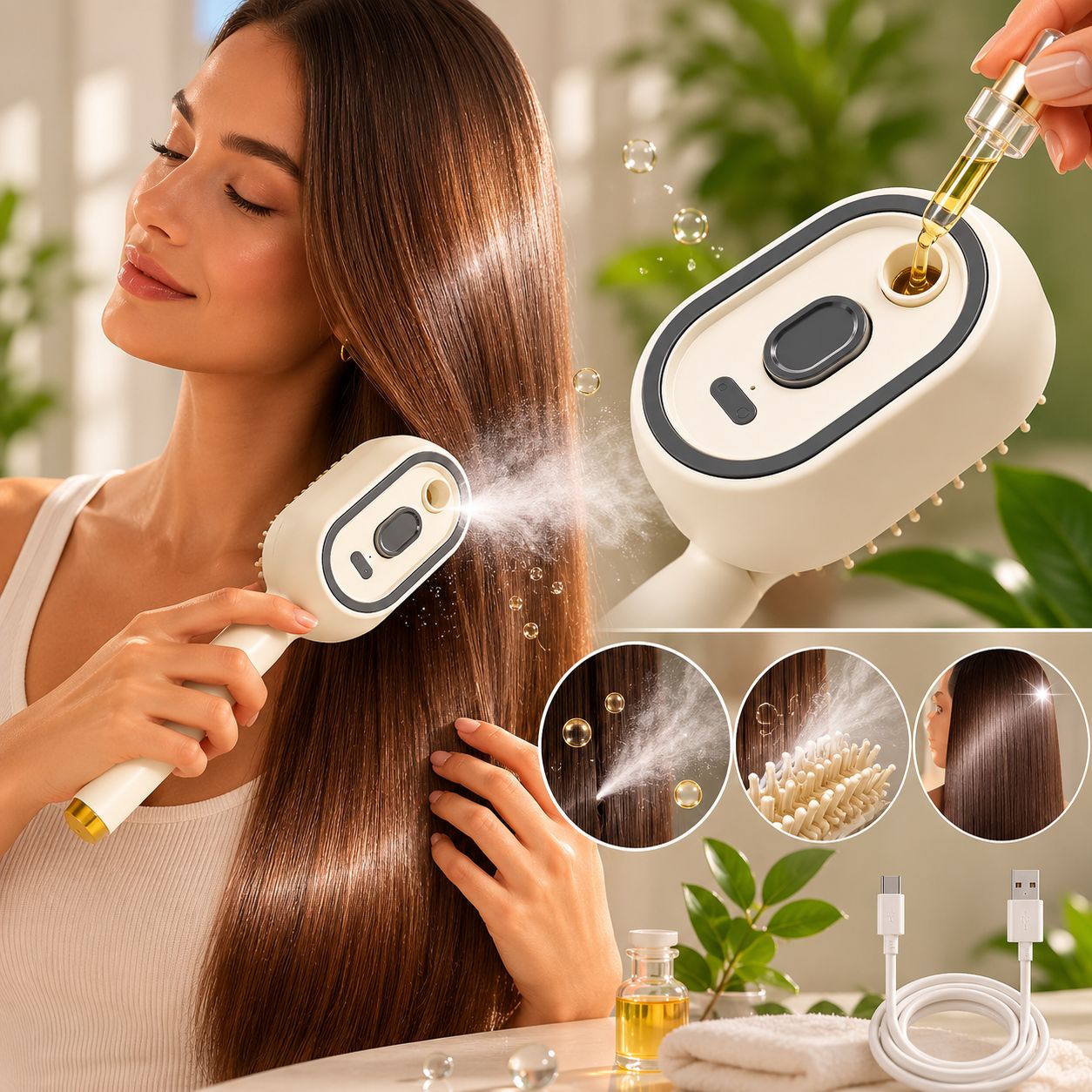 MistCare™ 3-in-1 Electric Hair Brush with Frizz Control, Gentle Detangling & Scalp Massage