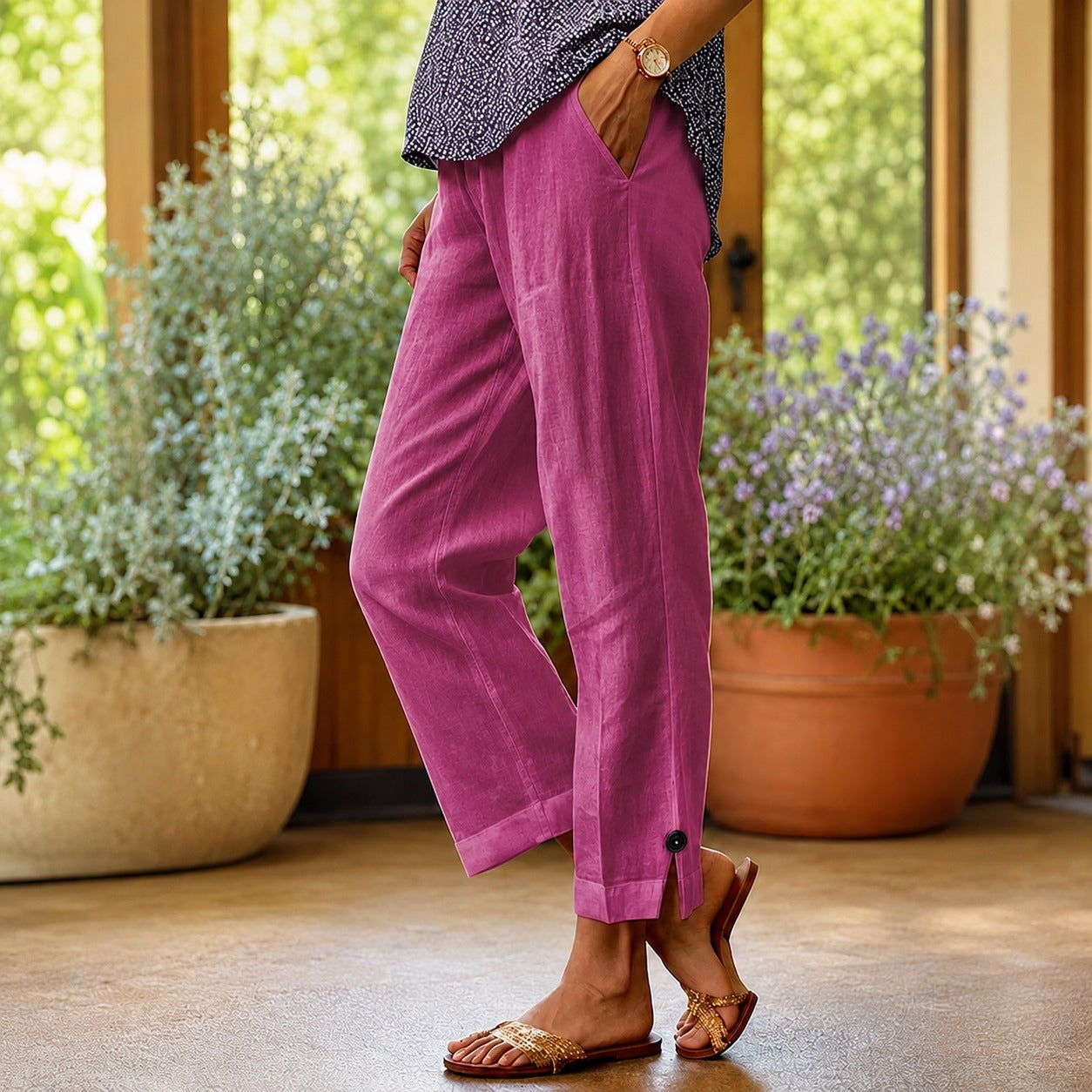 Sylvie™ Cotton Linen Pants with Side Slit Hem