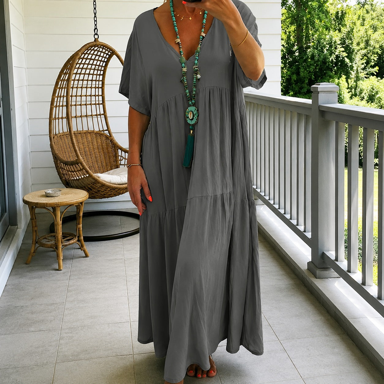 Liorenna™ Linen Cotton Dress With Relaxed Fit And V-Neck