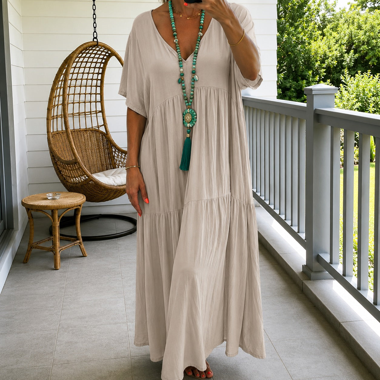 Liorenna™ Linen Cotton Dress With Relaxed Fit And V-Neck