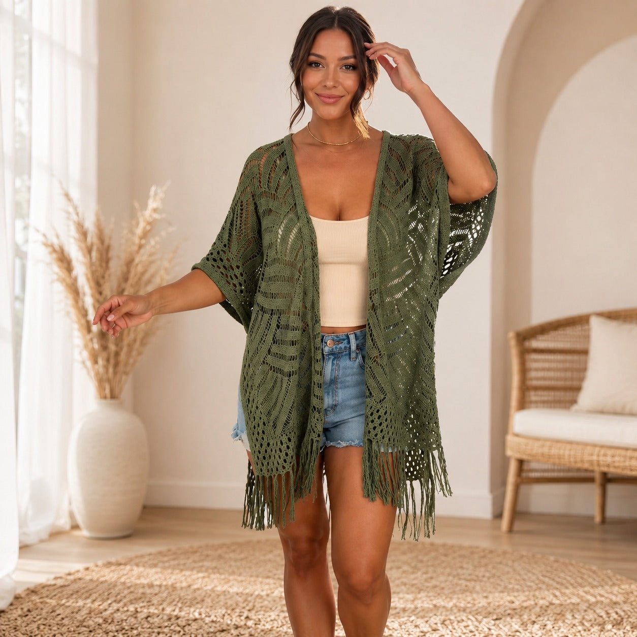 Calivie™ Open-Knit Kimono With Fringe