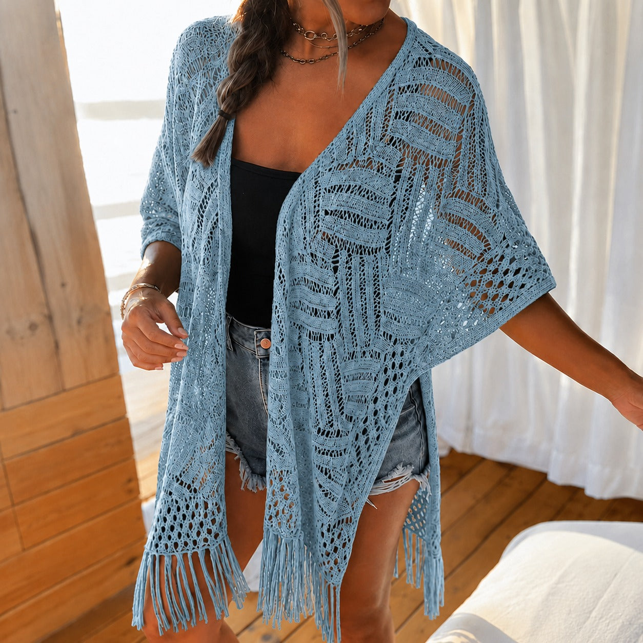 Calivie™ Open-Knit Kimono With Fringe