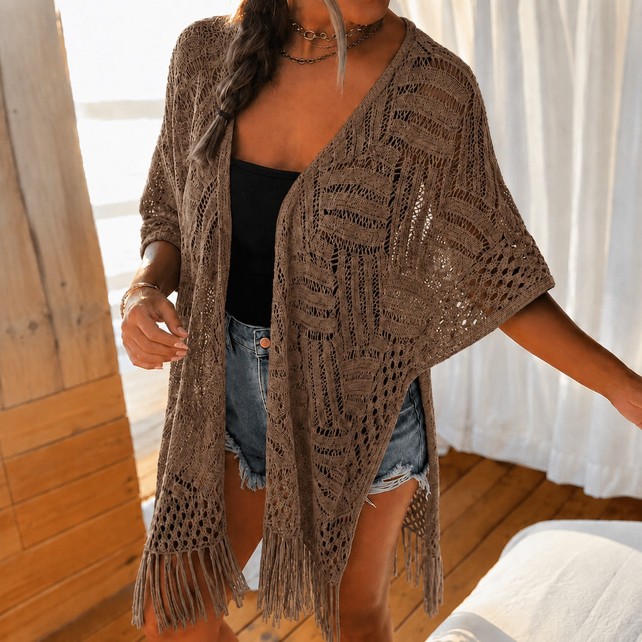 Calivie™ Open-Knit Kimono With Fringe
