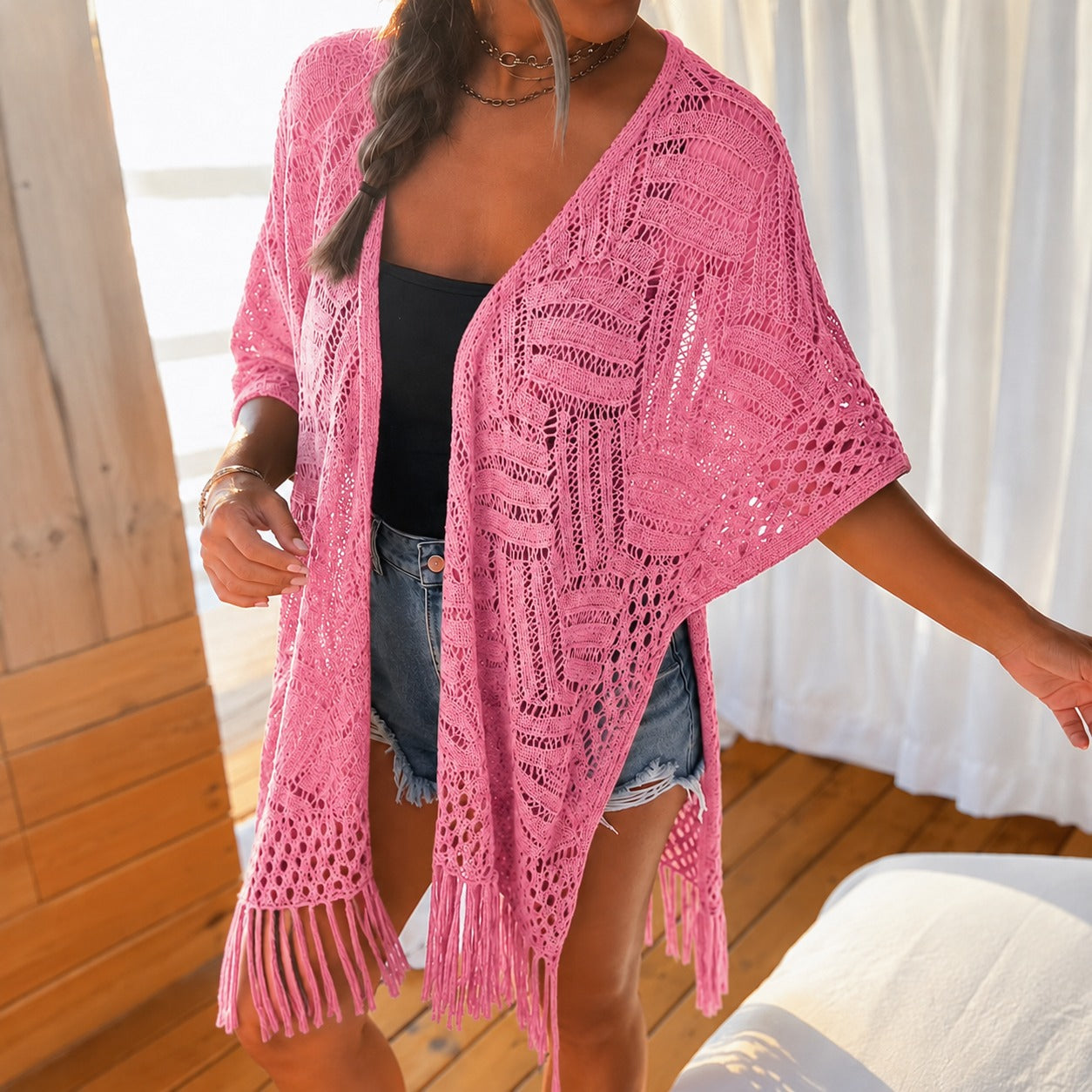 Calivie™ Open-Knit Kimono With Fringe
