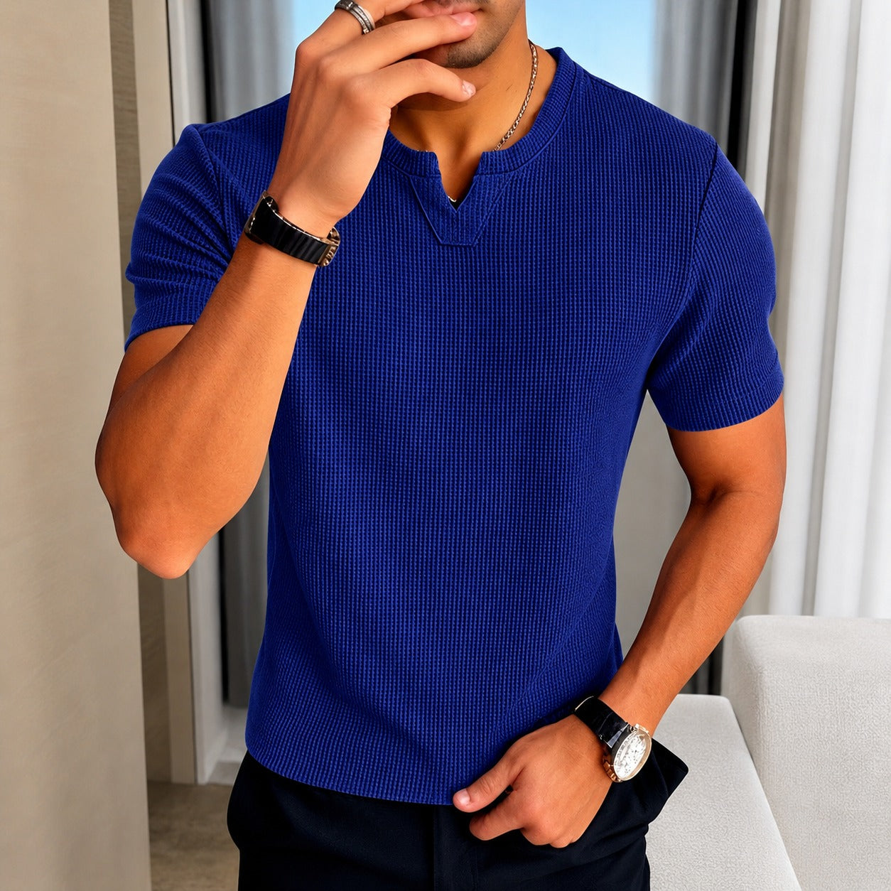 Matthew™ T-Shirt  in Textured Cotton Knit with Old Money Style