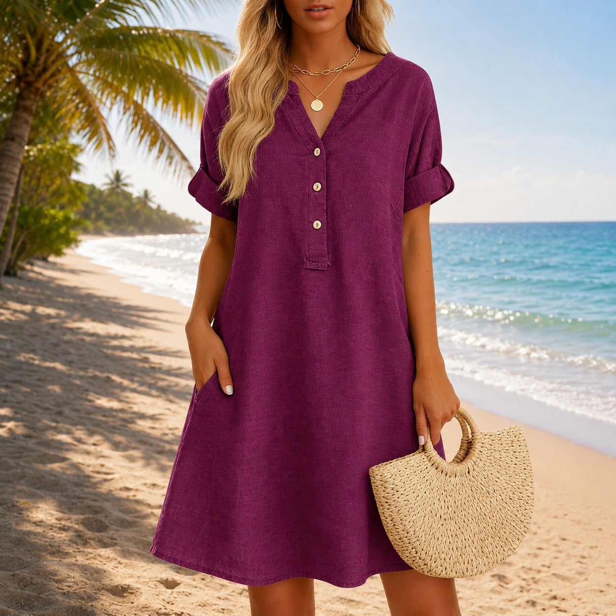 Dress Hadley™ with V-Neck, Button-Front and Side Pockets