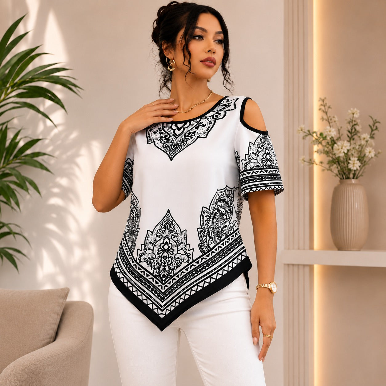 Calisse™ Blouse with Cold-Shoulder Design, Ornamental Print and Asymmetrical Hem.