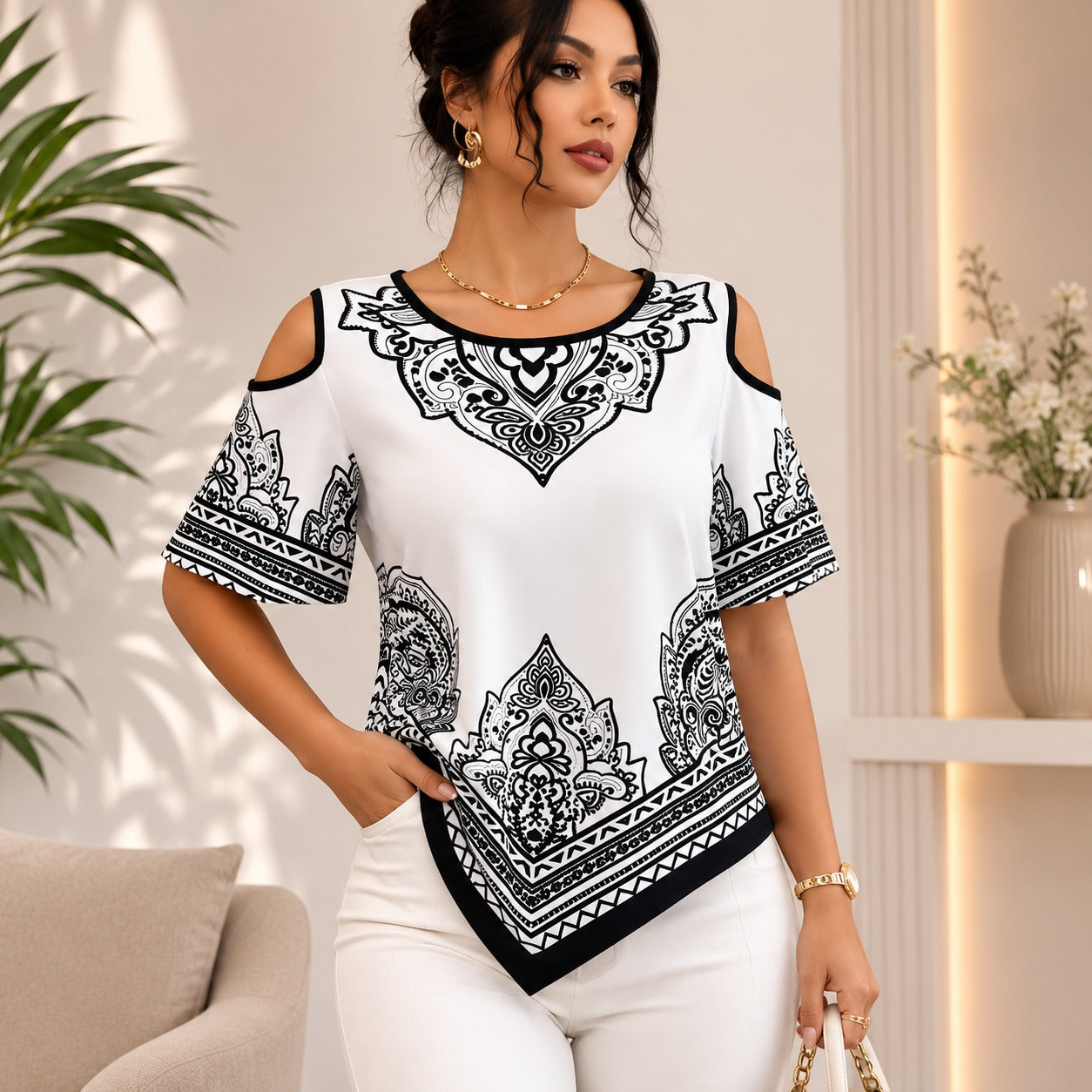 Calisse™ Blouse with Cold-Shoulder Design, Ornamental Print and Asymmetrical Hem.