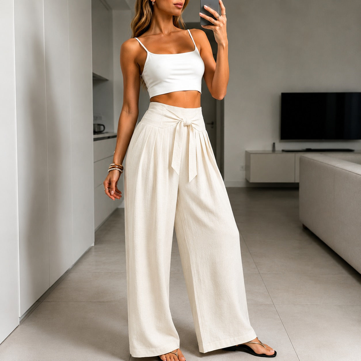 Arielle™ Wide-Leg Pants with Elegant Adjustable Waist Tie and Structured Waistband