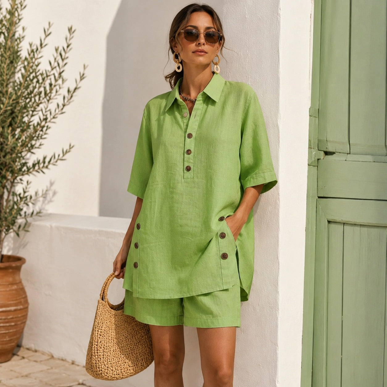 Velena™ Set With a Button-Front Top and Relaxed-Fit Shorts / Elegance for Warm-Weather Days