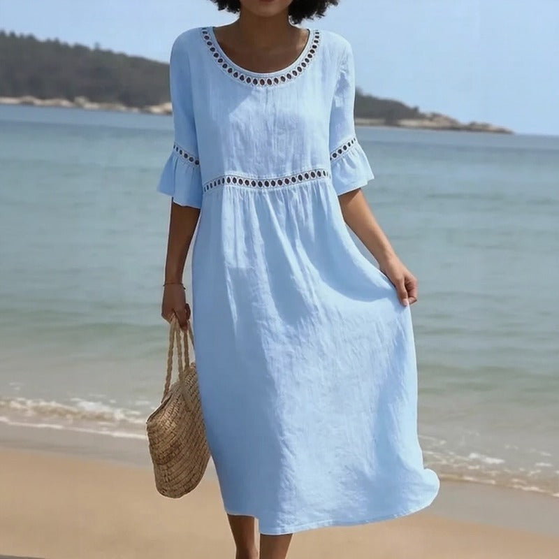 Mireza™ Cotton-Linen Dress with Eyelet Details and Ruffle Sleeves