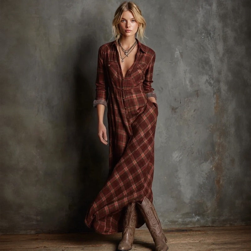 Valdine™ Long-Sleeve Plaid Maxi Dress with Front Buttons