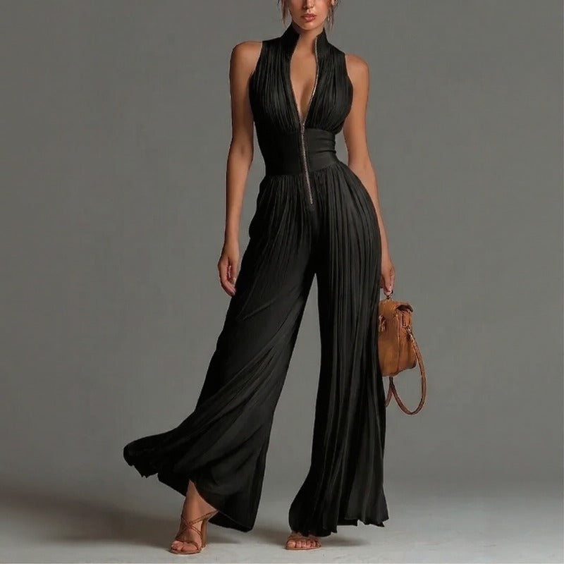 Aureliah™ Jumpsuit with Metallic Front Zipper and Defined Waist