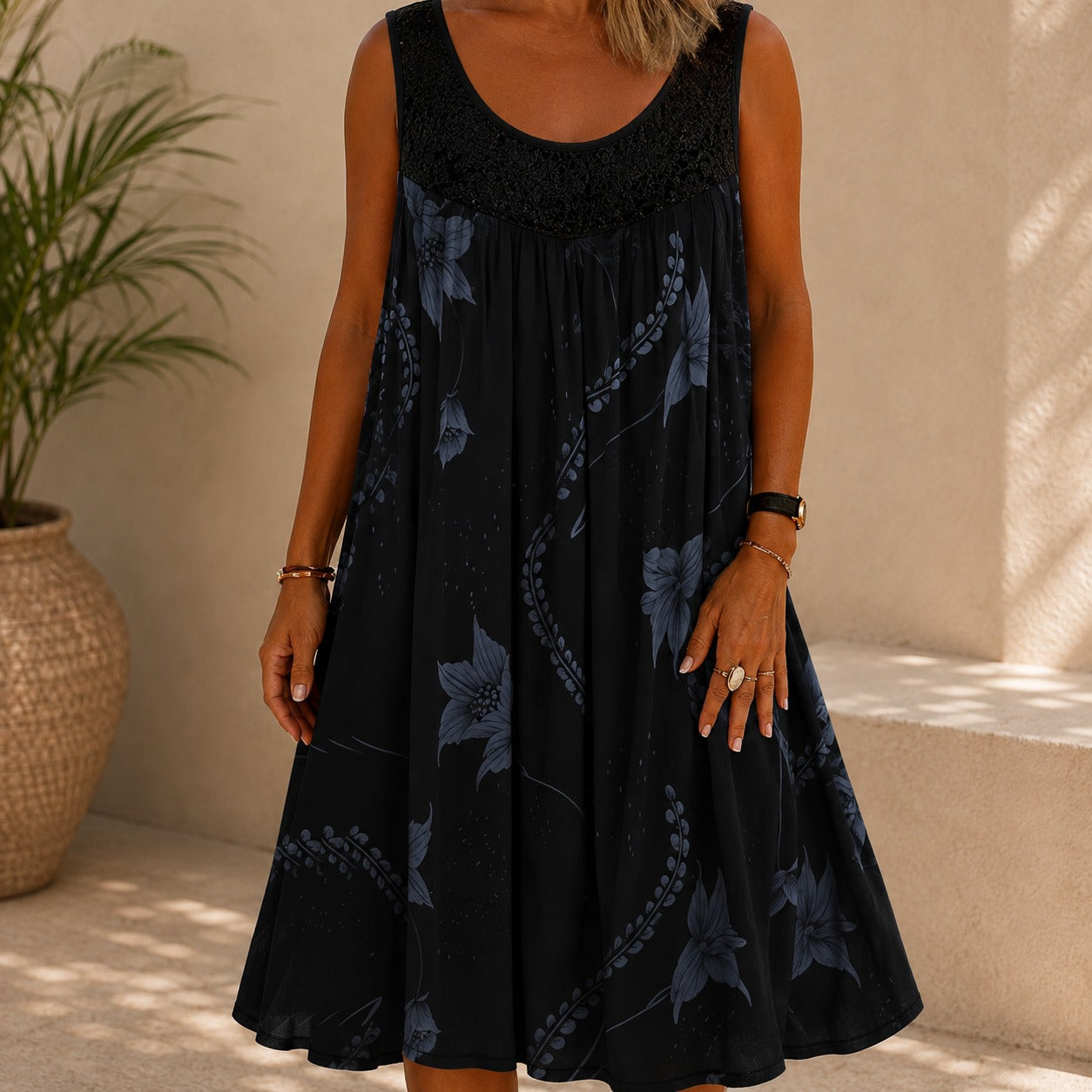 Dress Delphine™ with Lace Yoke, Floral Print and Relaxed Fit