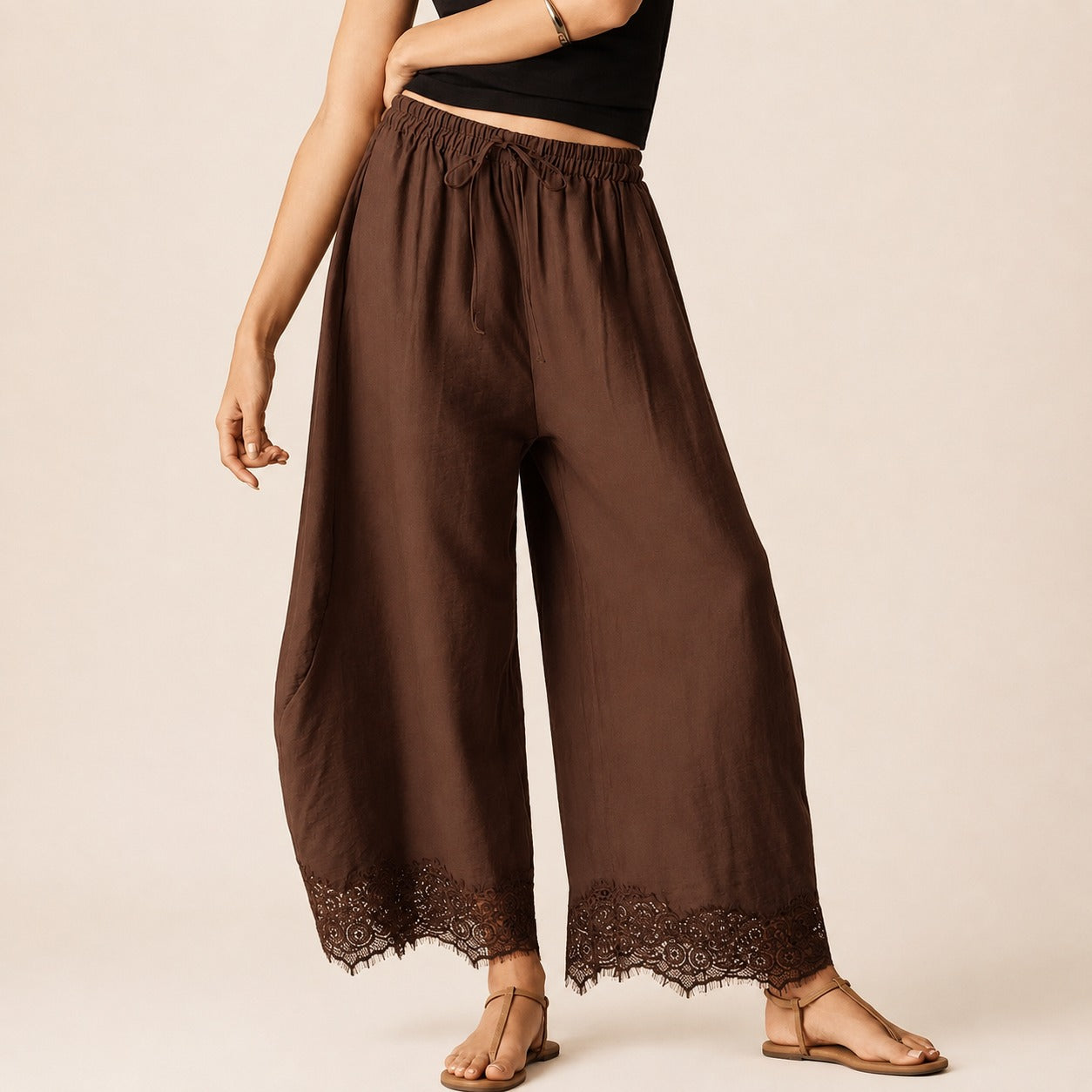 Vallena™ Wide-Leg Pants with Lace Hem and Adjustable Elastic Waist