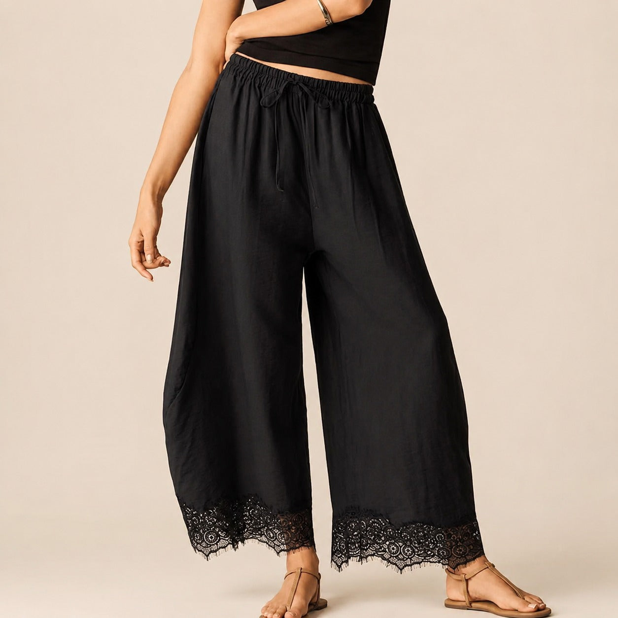 Vallena™ Wide-Leg Pants with Lace Hem and Adjustable Elastic Waist