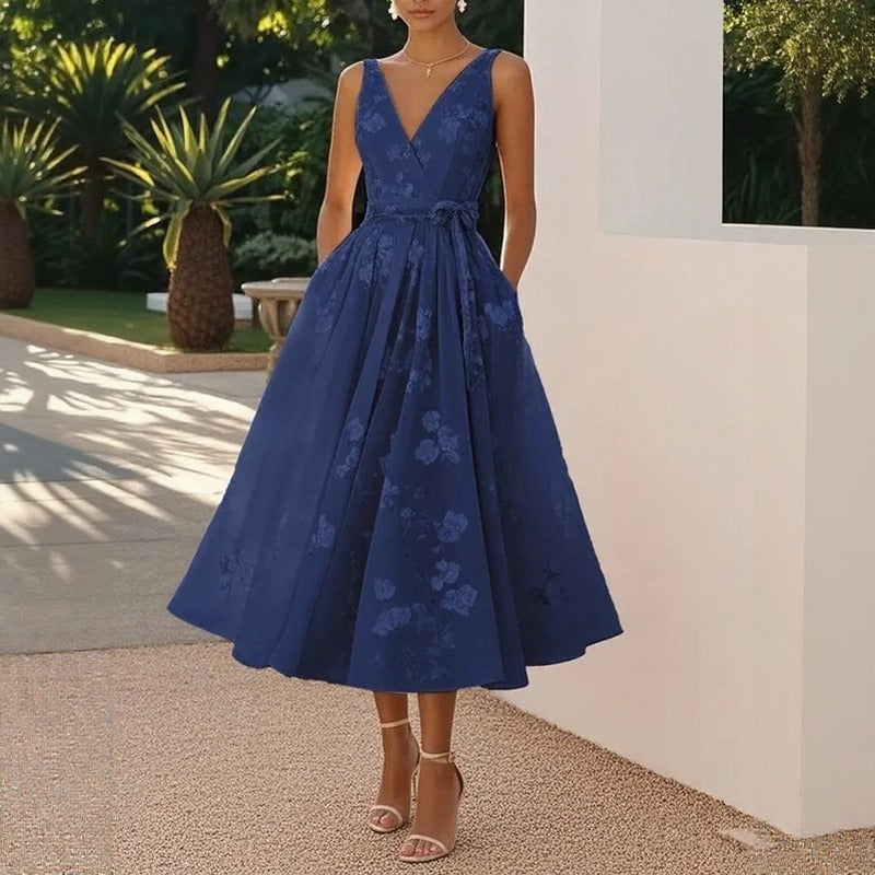 Lavienne™ Floral Midi Dress with Tie Waist