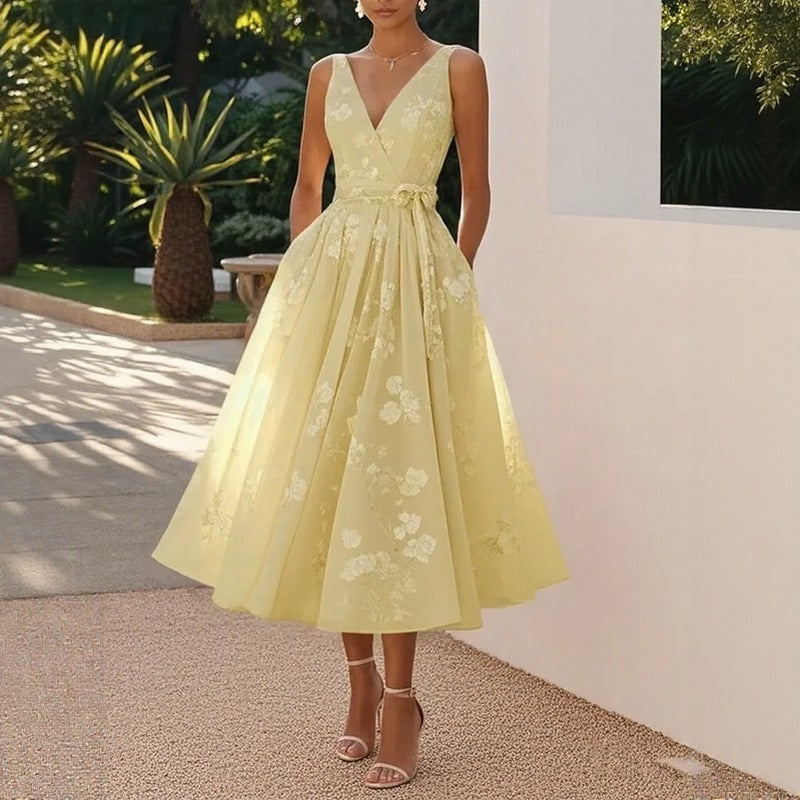 Lavienne™ Floral Midi Dress with Tie Waist