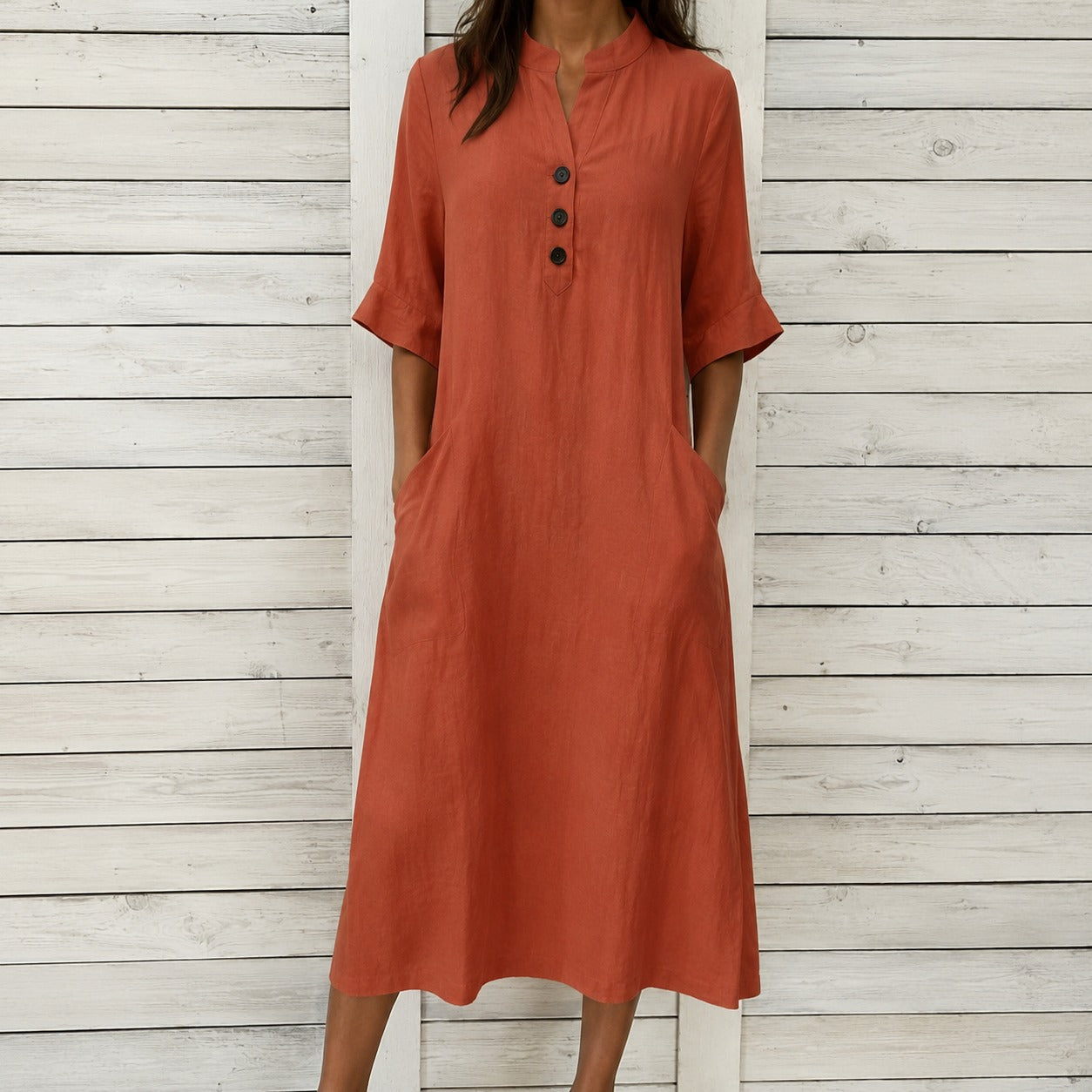 Dress Julia™ in Cotton with Stand Collar, Button Front and Pockets