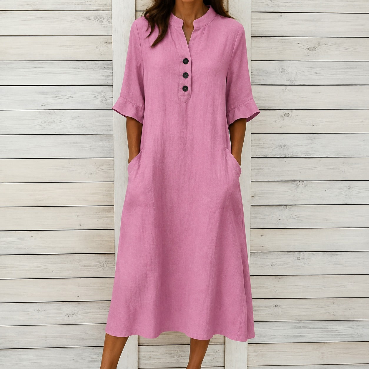 Dress Julia™ in Cotton with Stand Collar, Button Front and Pockets