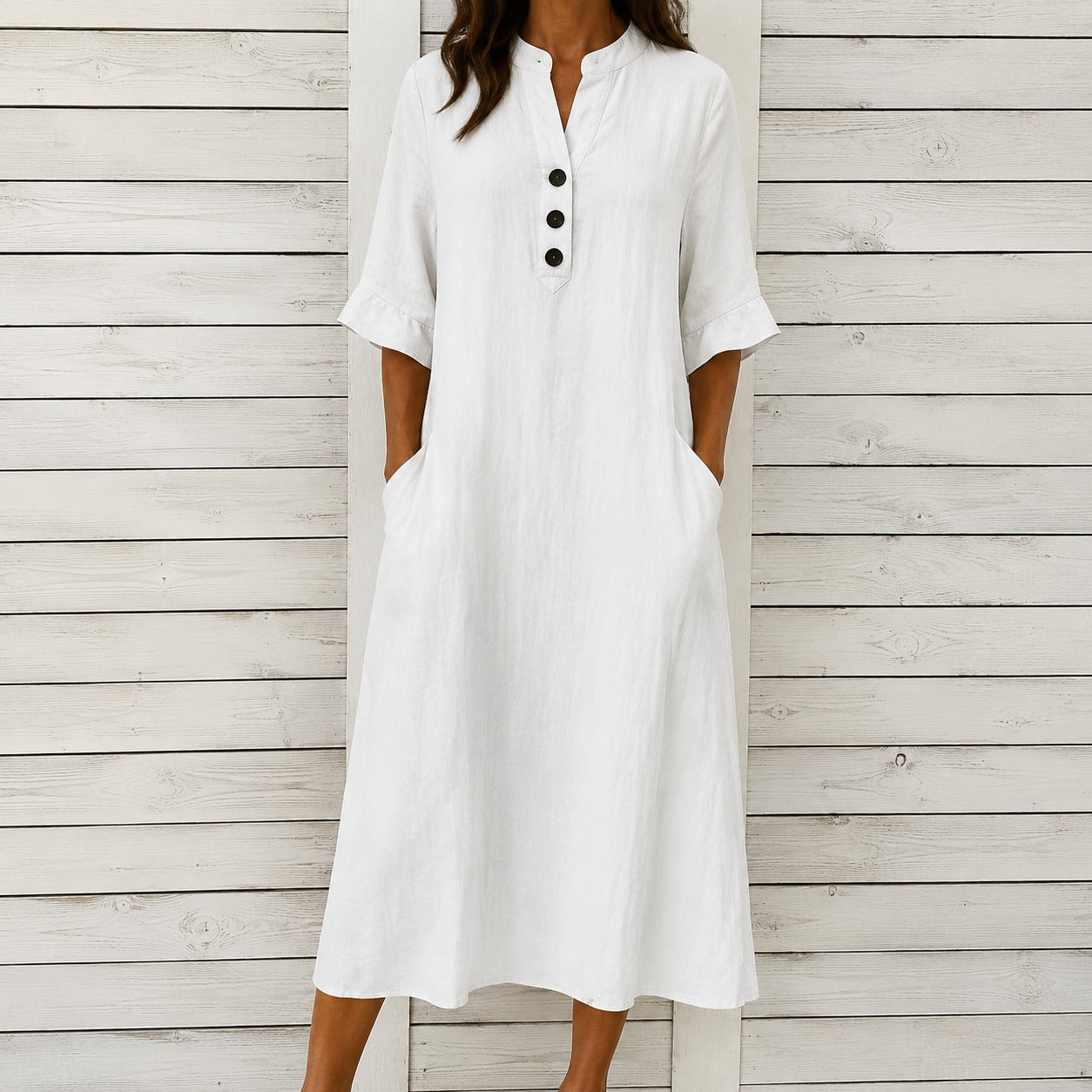 Dress Julia™ in Cotton with Stand Collar, Button Front and Pockets