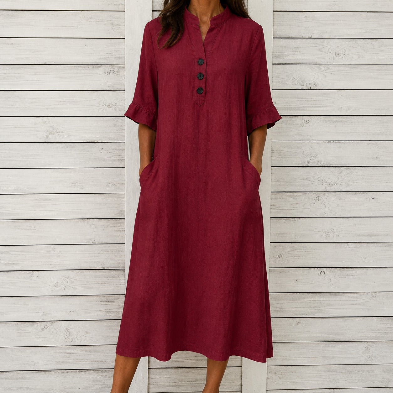Dress Julia™ in Cotton with Stand Collar, Button Front and Pockets