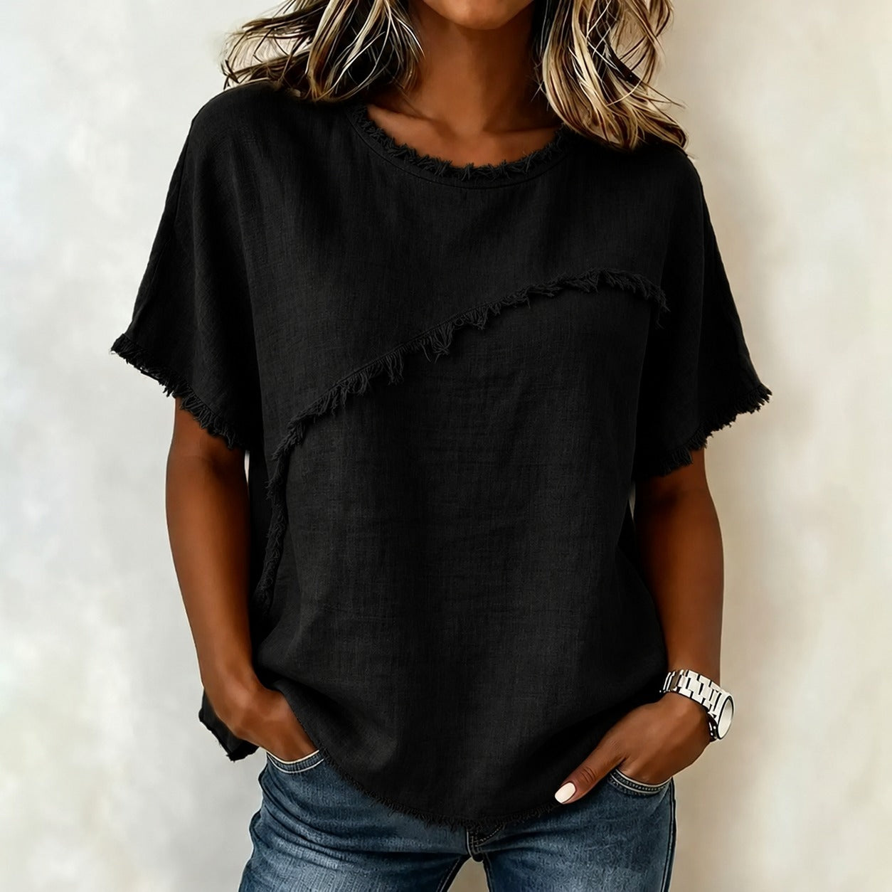 Verena™ Blouse with Asymmetrical Paneling and Frayed Trim