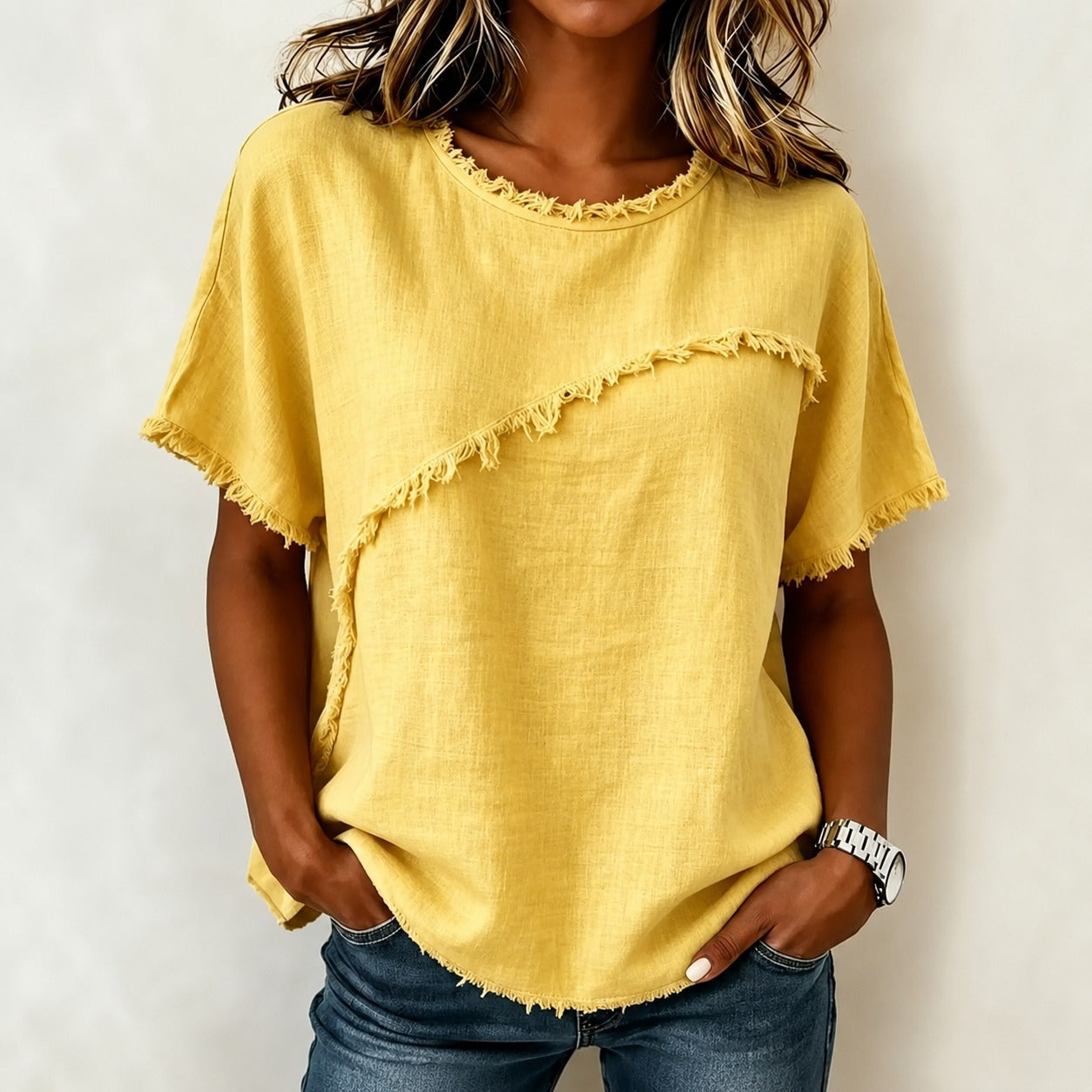 Verena™ Blouse with Asymmetrical Paneling and Frayed Trim