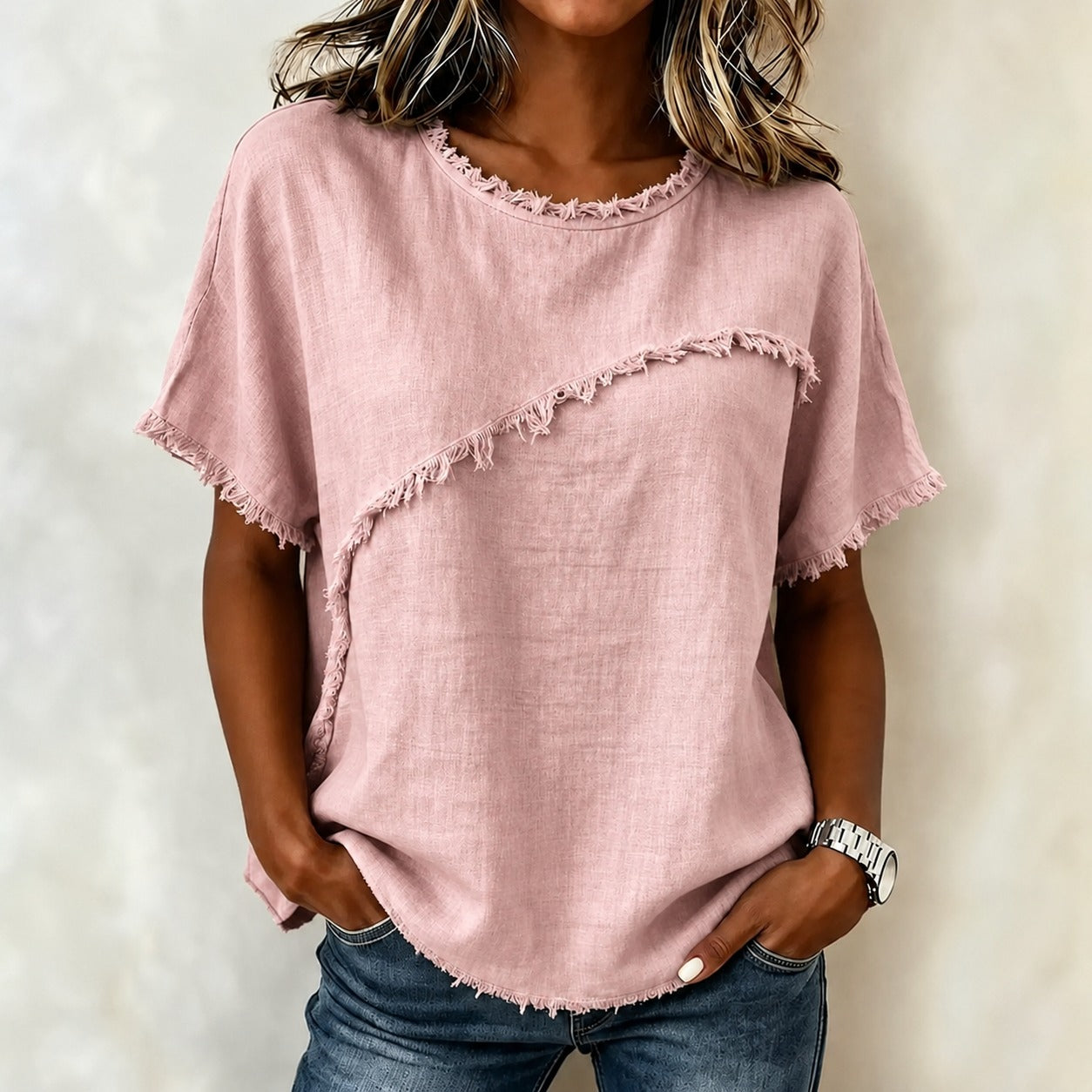 Verena™ Blouse with Asymmetrical Paneling and Frayed Trim