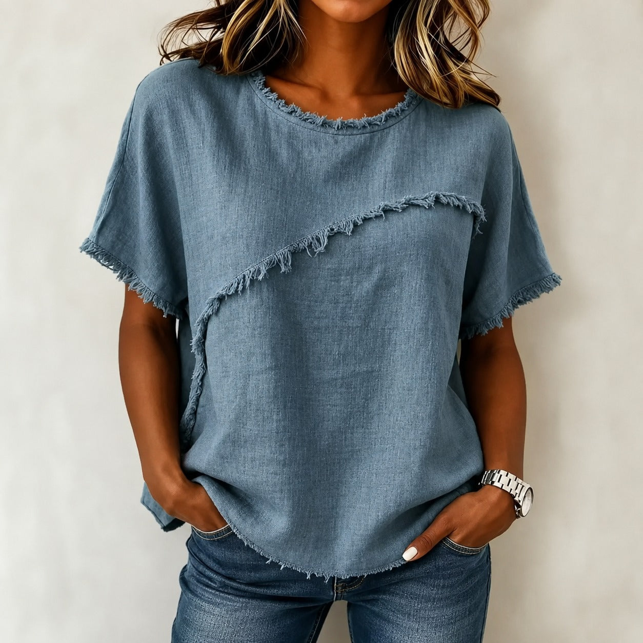 Verena™ Blouse with Asymmetrical Paneling and Frayed Trim