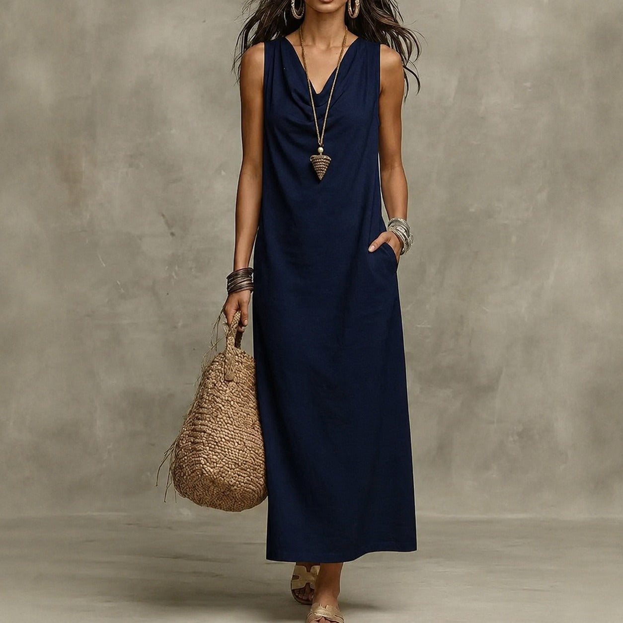 Aveline™ Dress with Draped Neckline, Relaxed Fit and Side Pockets