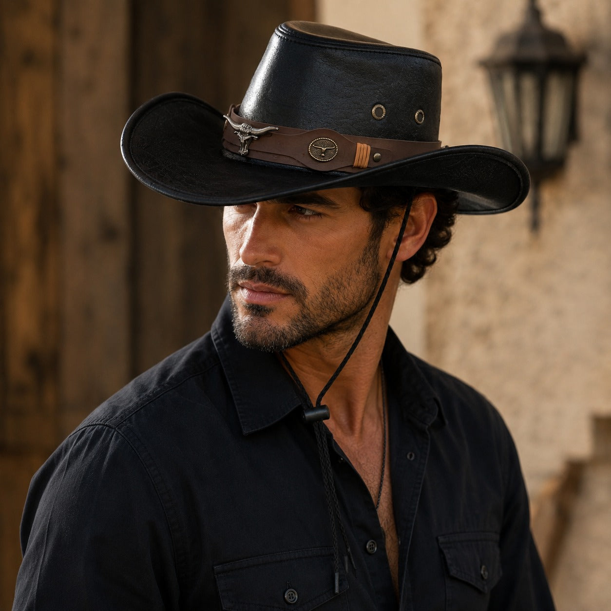 Cowboy Hat Stoneford™ in Premium Leather with a Distressed Finish and Metal Accents