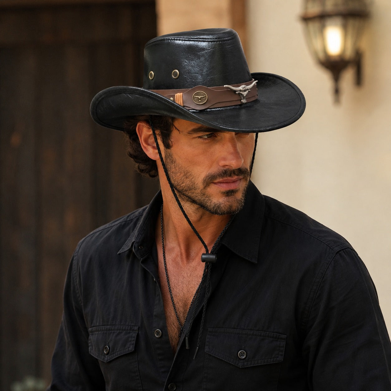 Cowboy Hat Stoneford™ in Premium Leather with a Distressed Finish and Metal Accents