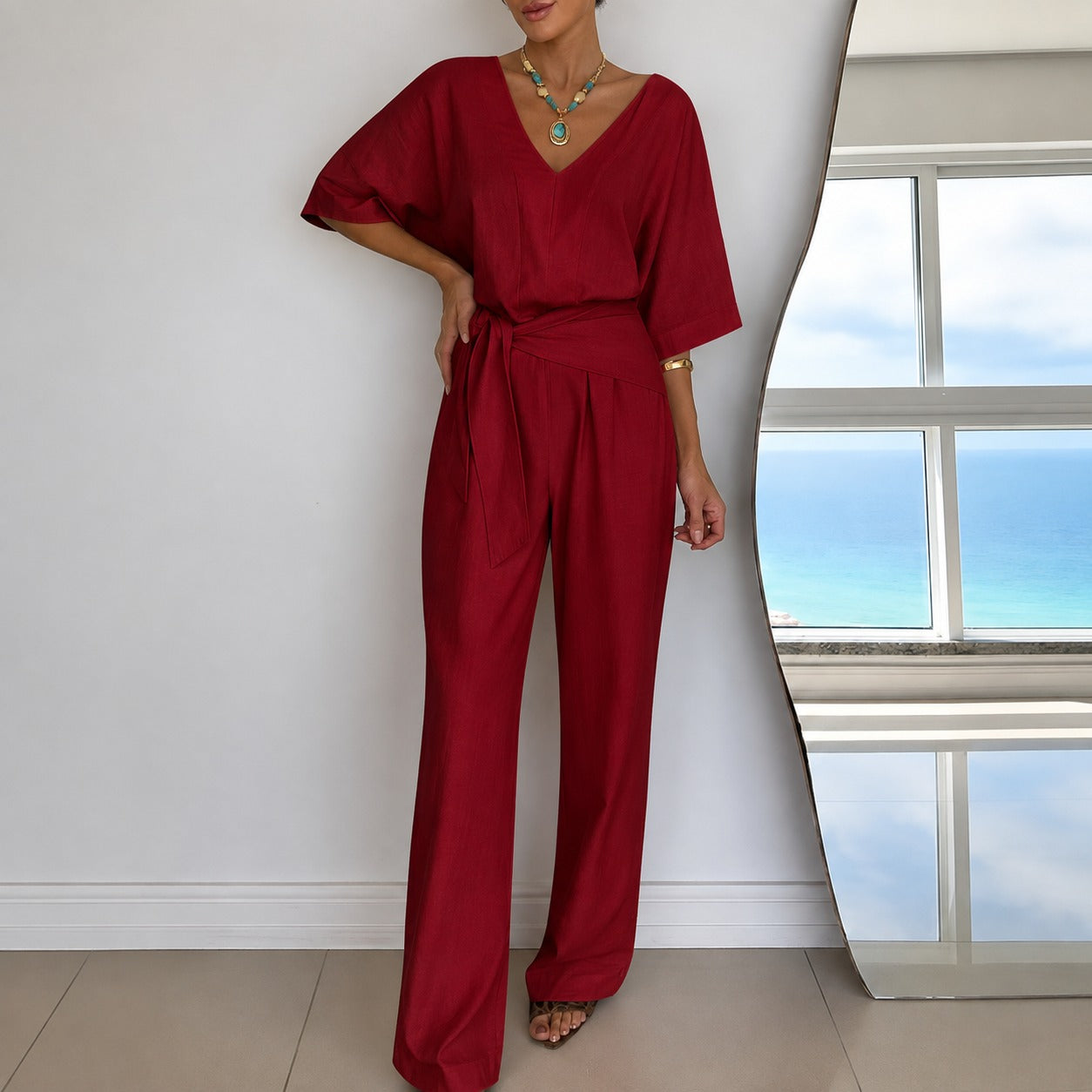 Jumpsuit Brianna™ with V-Neck, Tie Waist and Wide-Leg Fit