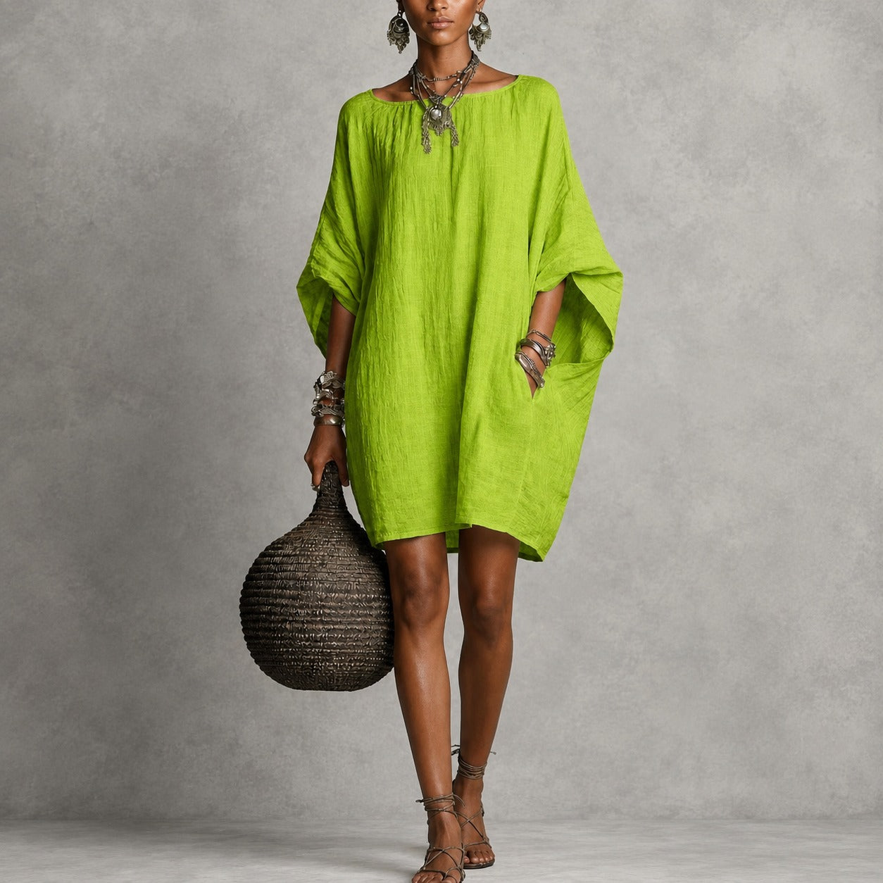 Lydia™ Cotton-Linen Dress with a Relaxed Fit and Round Neckline