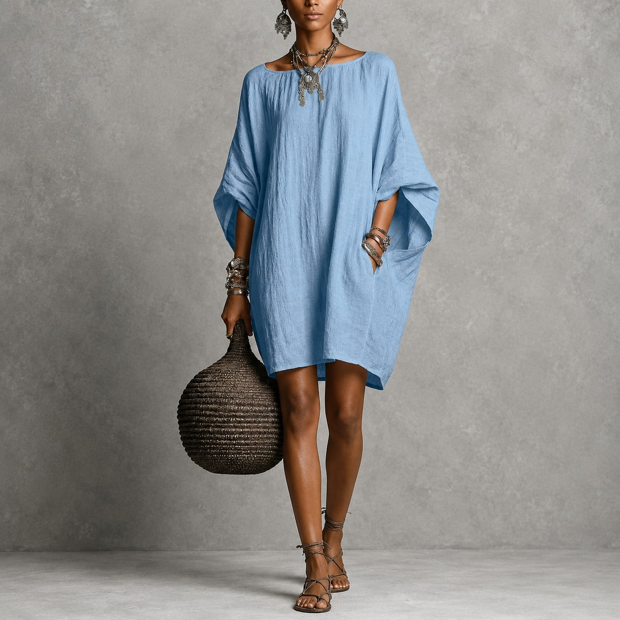 Lydia™ Cotton-Linen Dress with a Relaxed Fit and Round Neckline