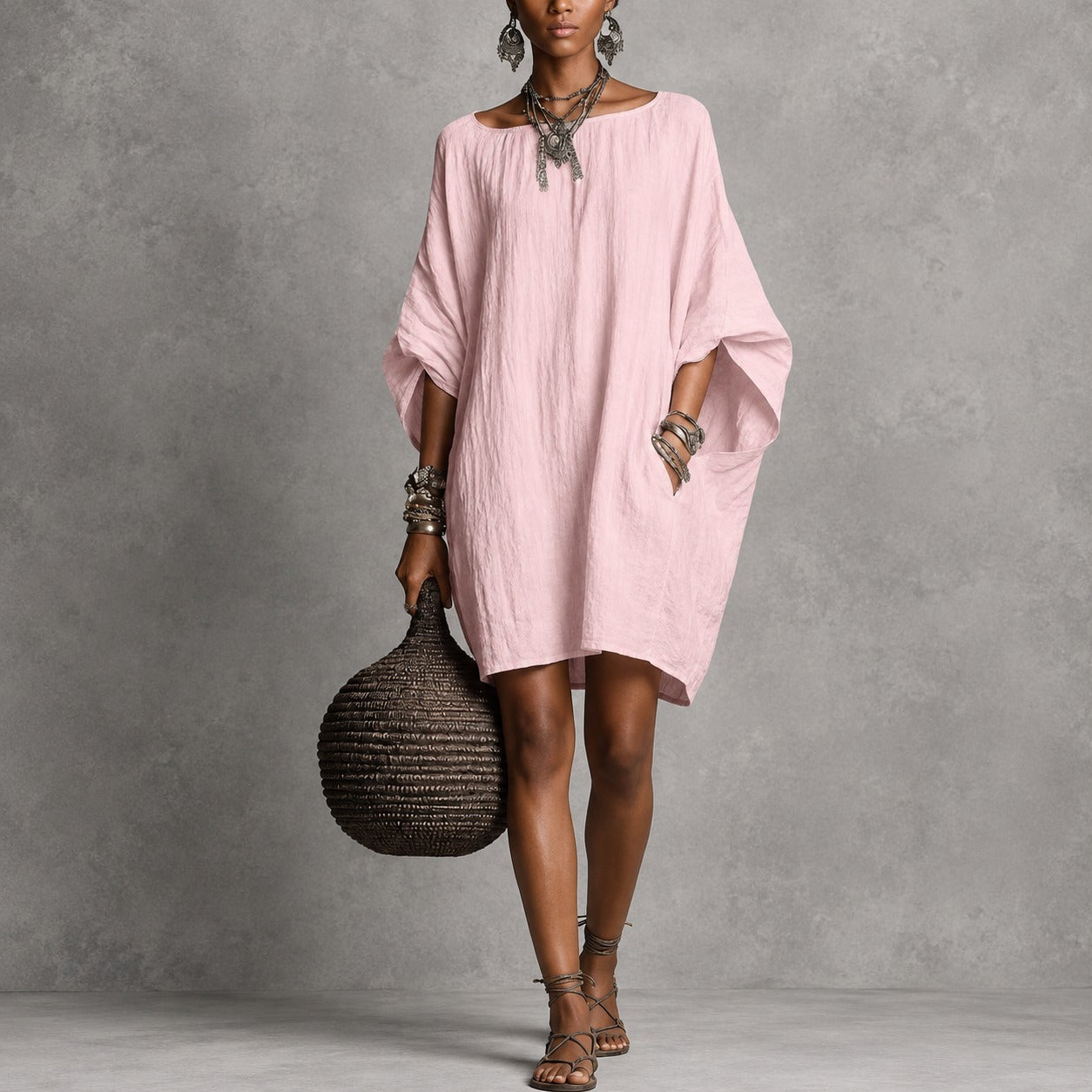 Lydia™ Cotton-Linen Dress with a Relaxed Fit and Round Neckline