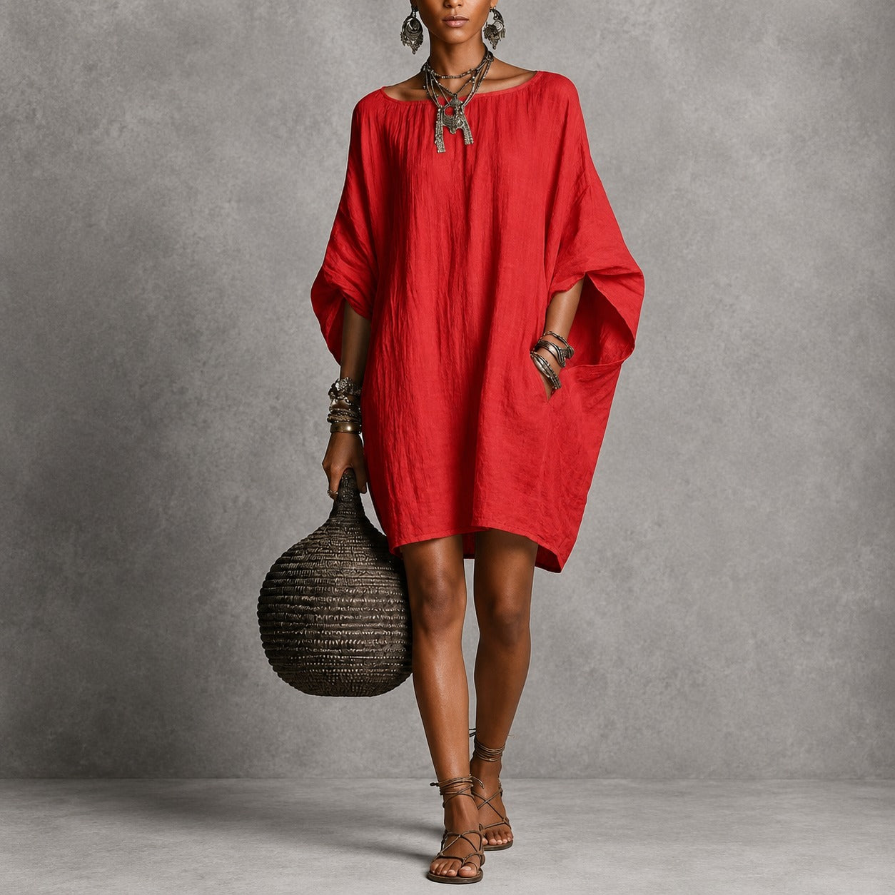 Lydia™ Cotton-Linen Dress with a Relaxed Fit and Round Neckline