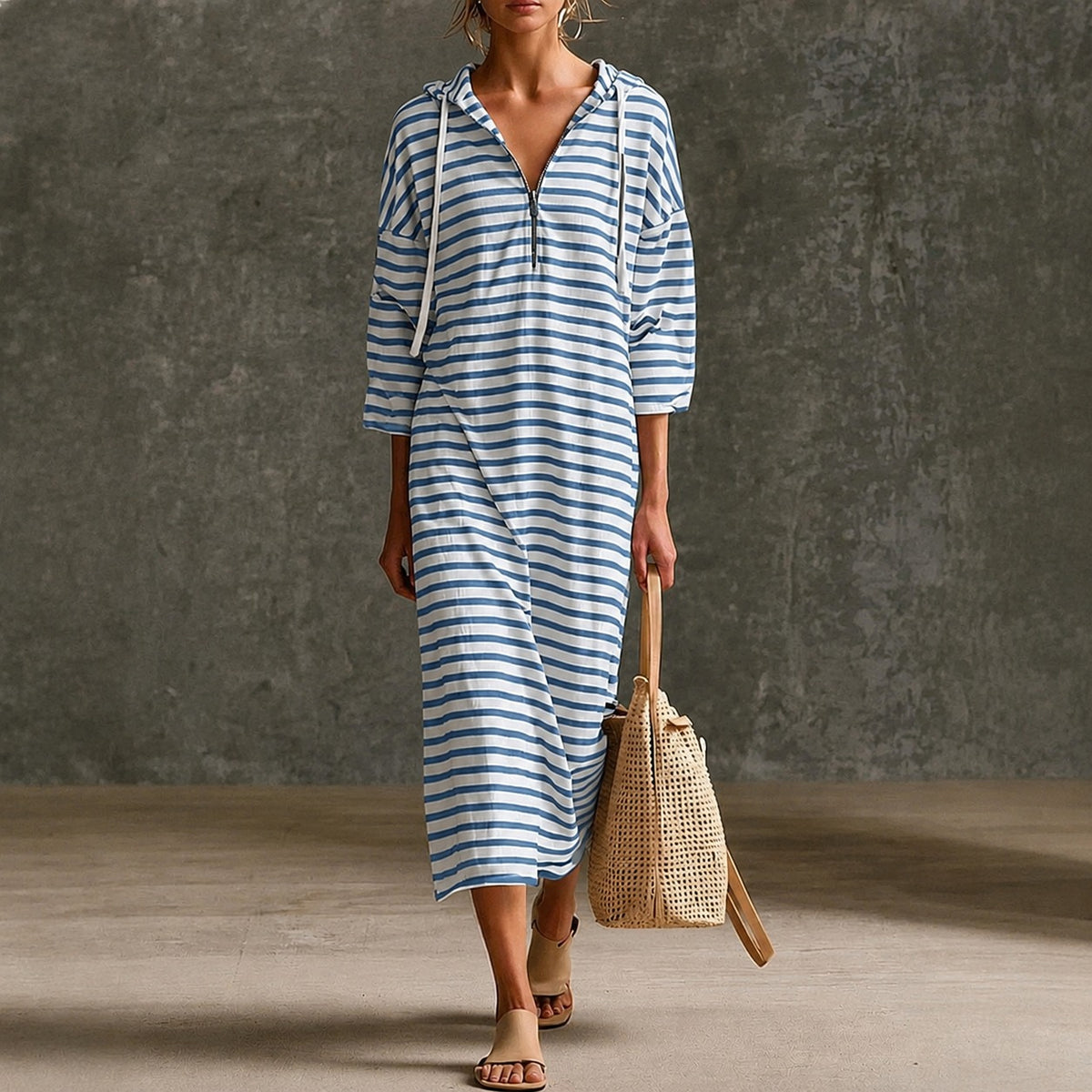 Viona™ Striped Midi Dress with Hood and Metallic-Zip V-Neckline