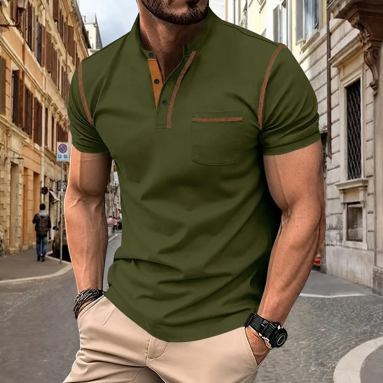 Tavren™ Casual Shirt with Mandarin Collar and Contrast Trim