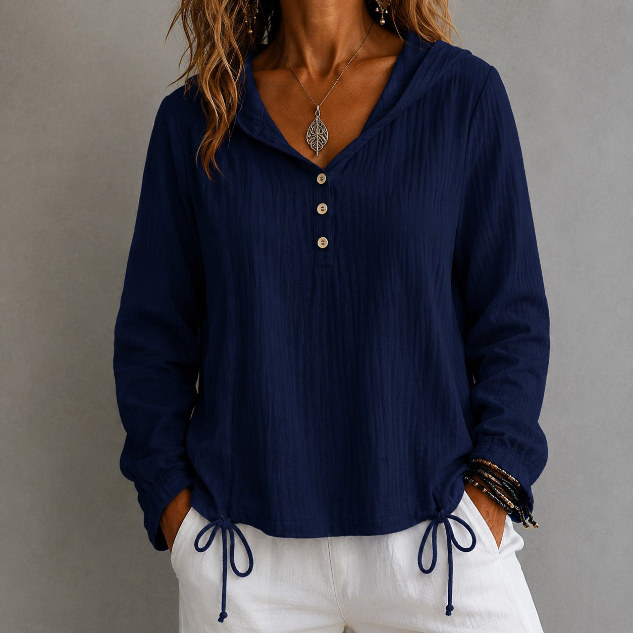 Blouse Danielle™ with Hood, Button-Front and Drawstring Hem