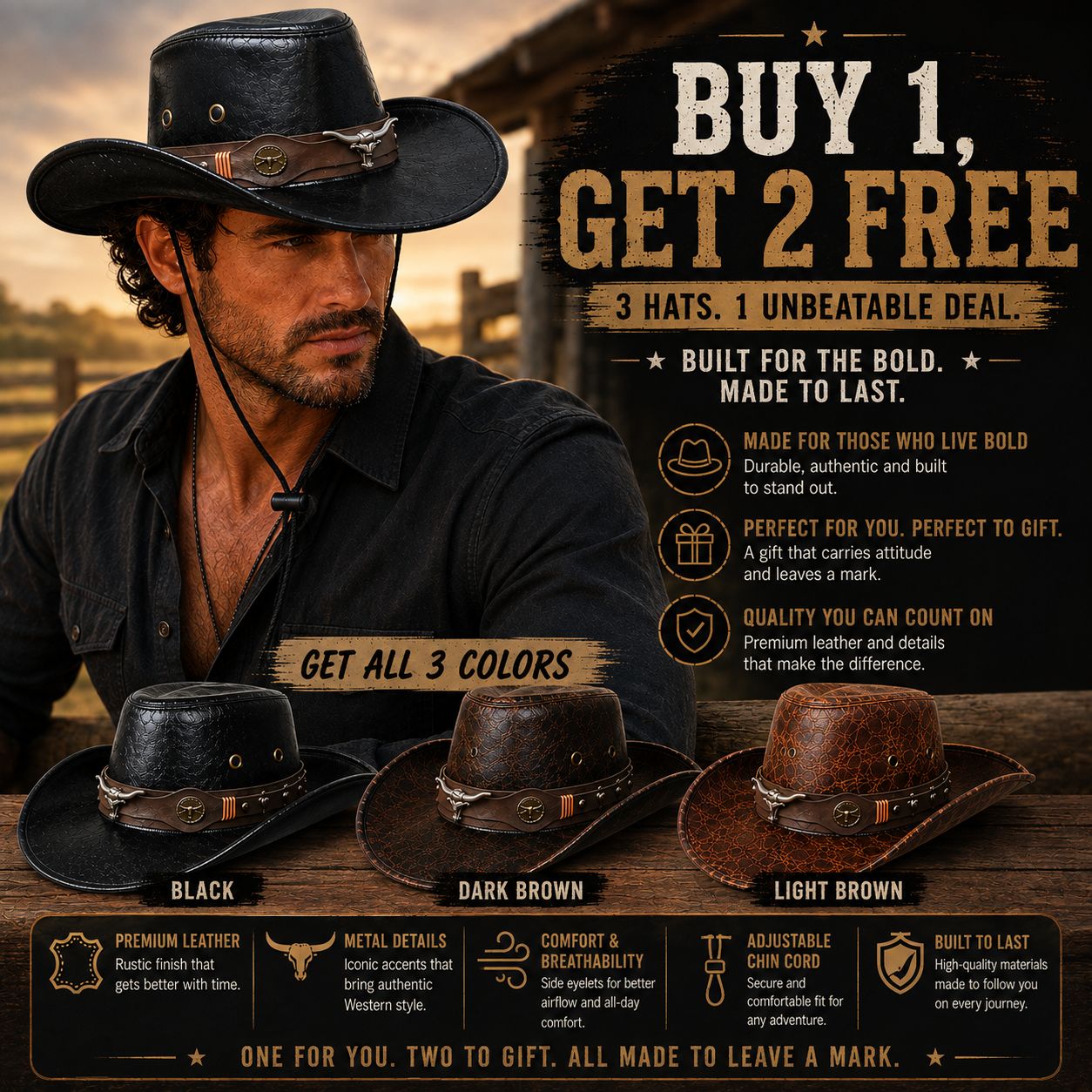BUY 1, GET 2 FREE - Longhorn™ Premium Leather Western Cowboy Hat with Rustic Finish estados Unidos