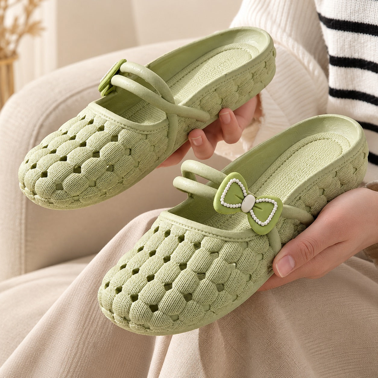 Mavelle™ Flexible Clog Sandals with Perforated Design and Delicate Bow