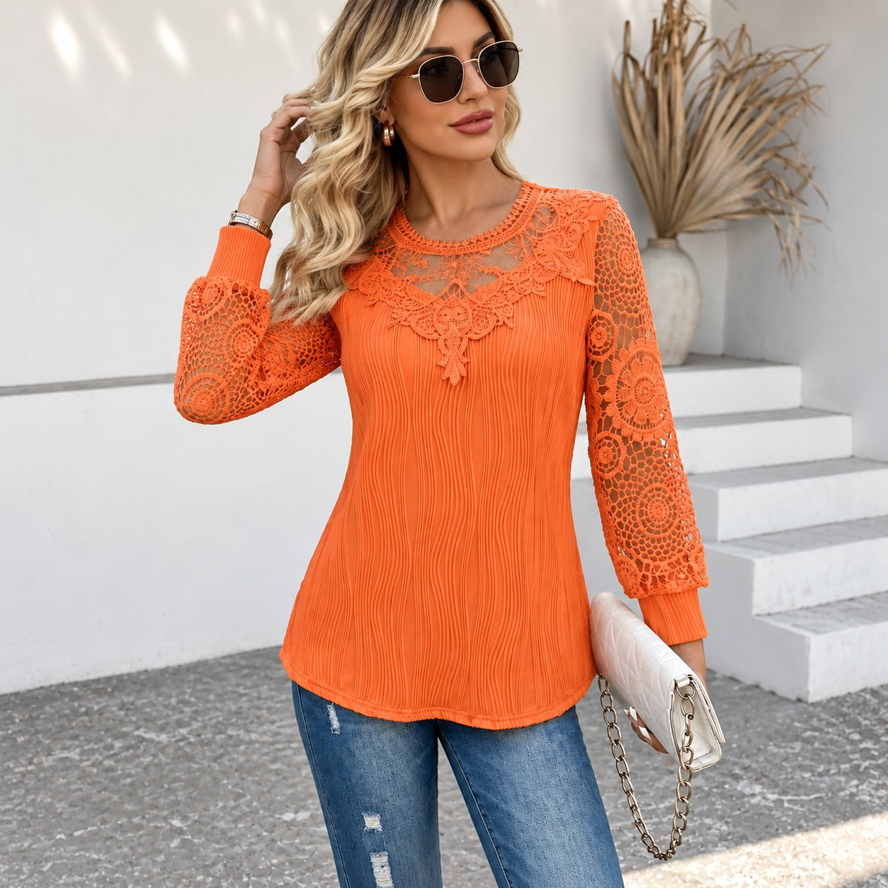 Almira™ Blouse with Openwork Lace, Long Sleeves and Embroidered Neckline Detail