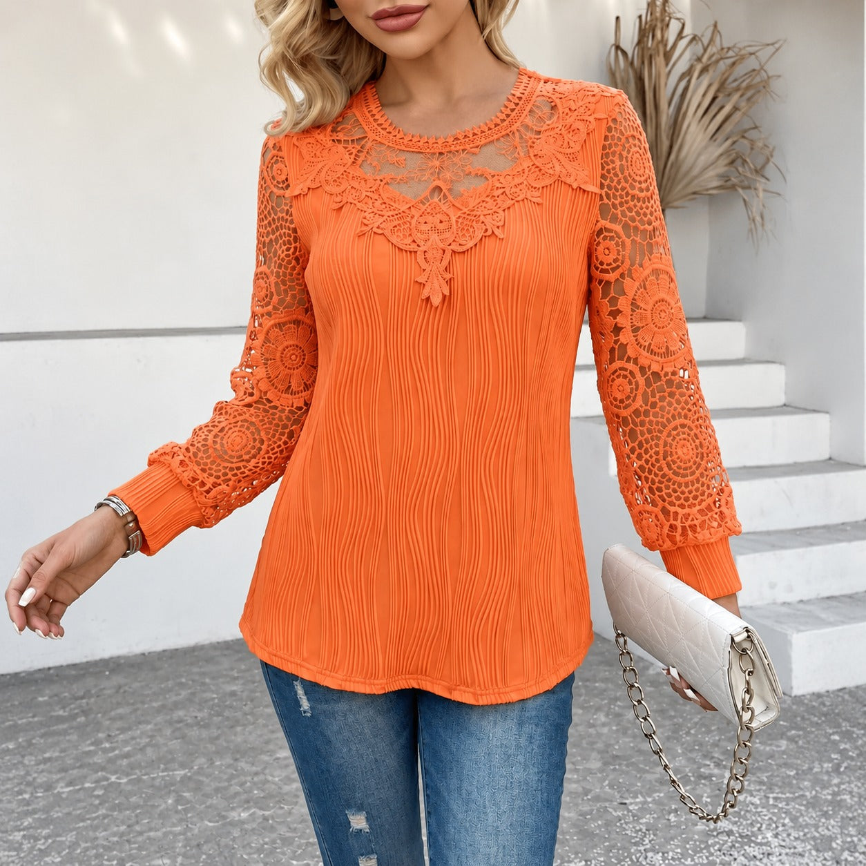 Almira™ Blouse with Openwork Lace, Long Sleeves and Embroidered Neckline Detail