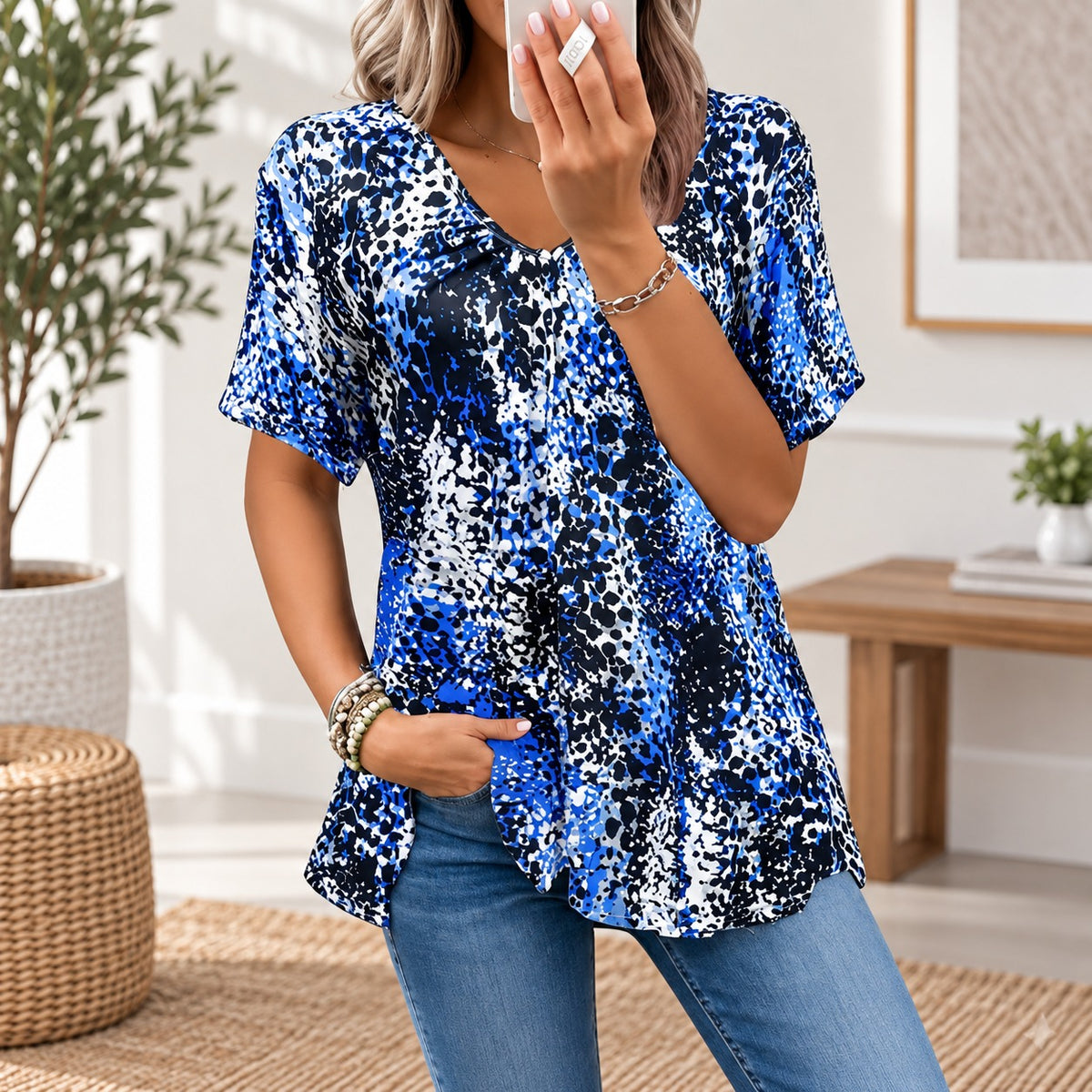 Seralia™ Blouse with Animal Print, V-Neck and Short Sleeves