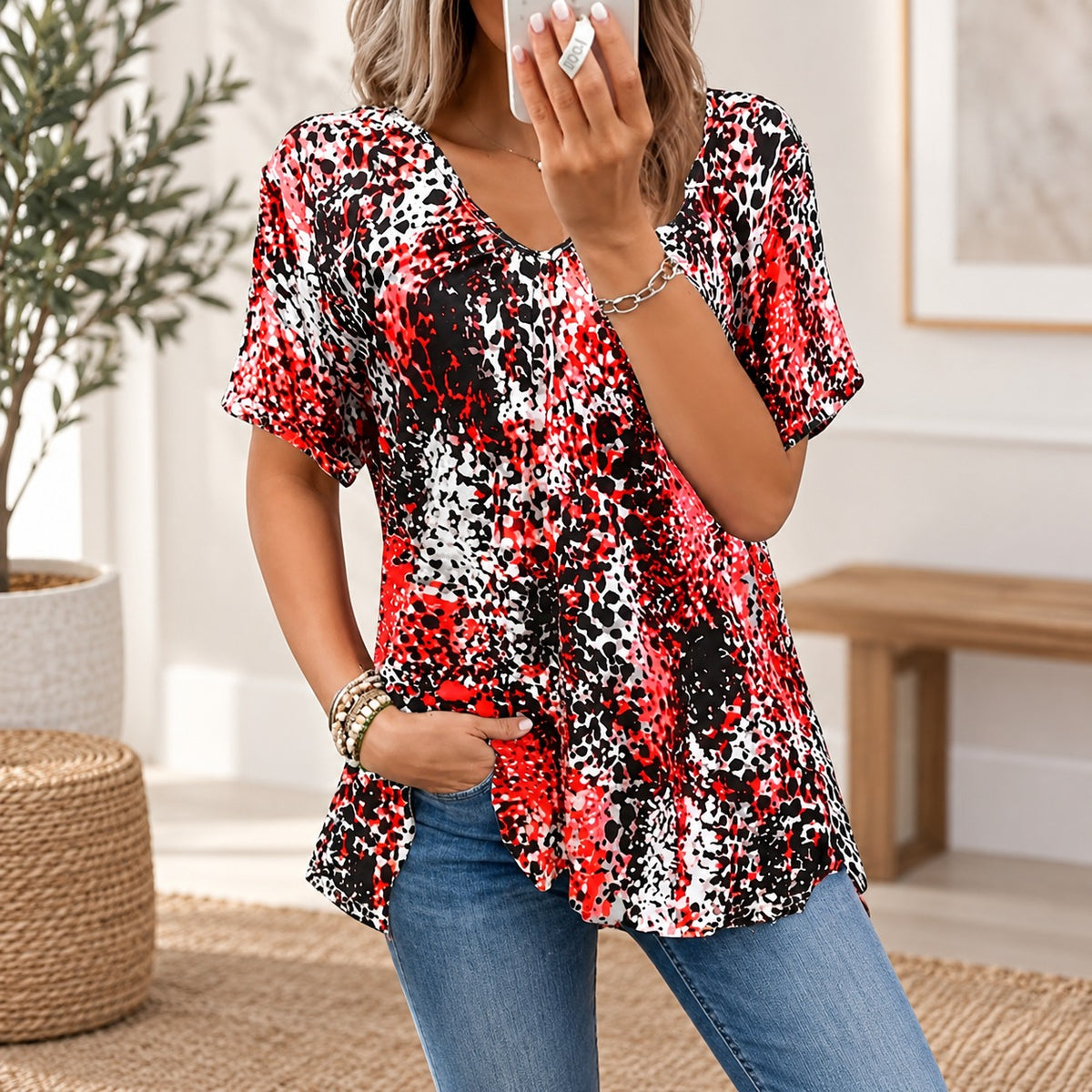 Seralia™ Blouse with Animal Print, V-Neck and Short Sleeves