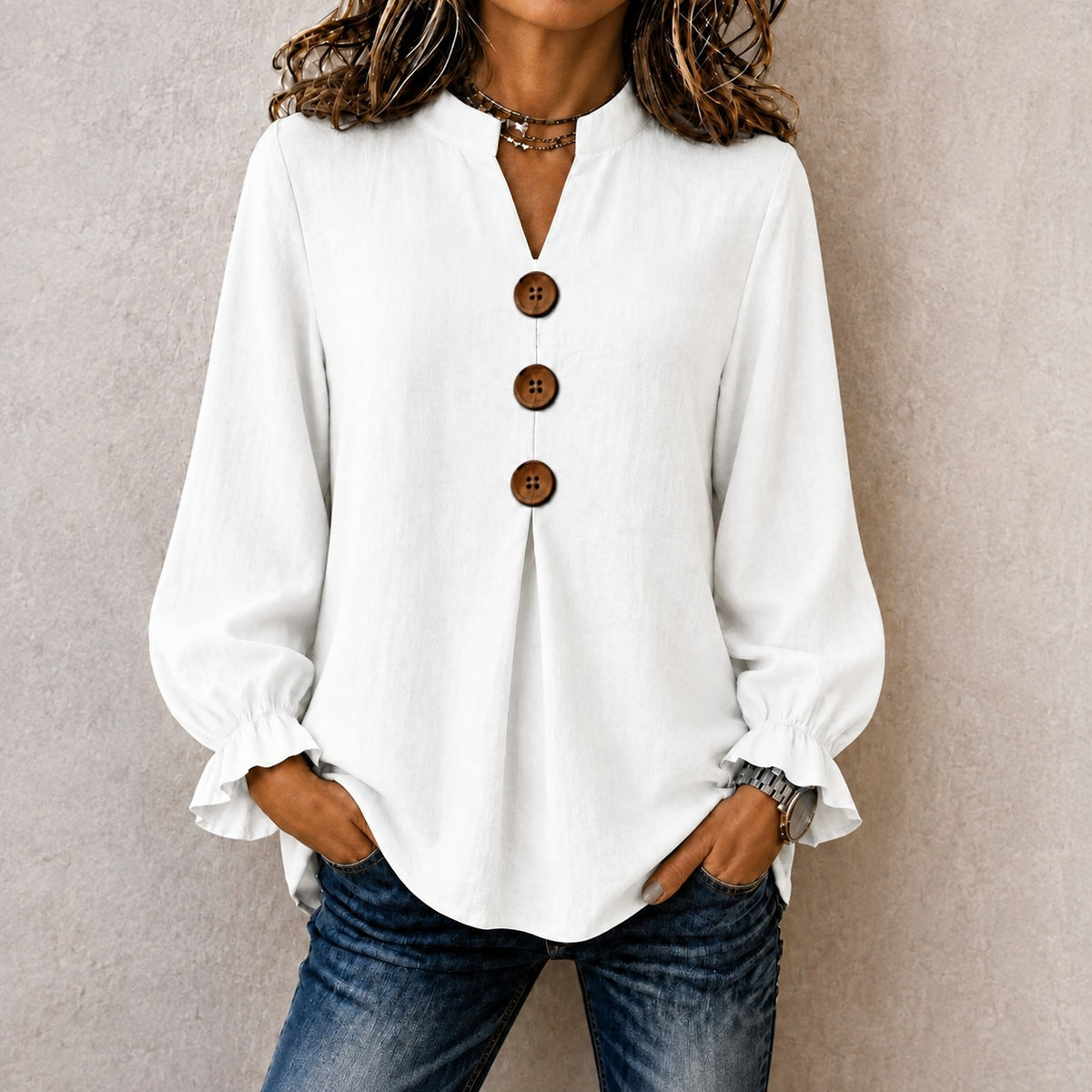 Blouse Molly™ with Mandarin Collar, Button-Front and Ruffled Cuffs